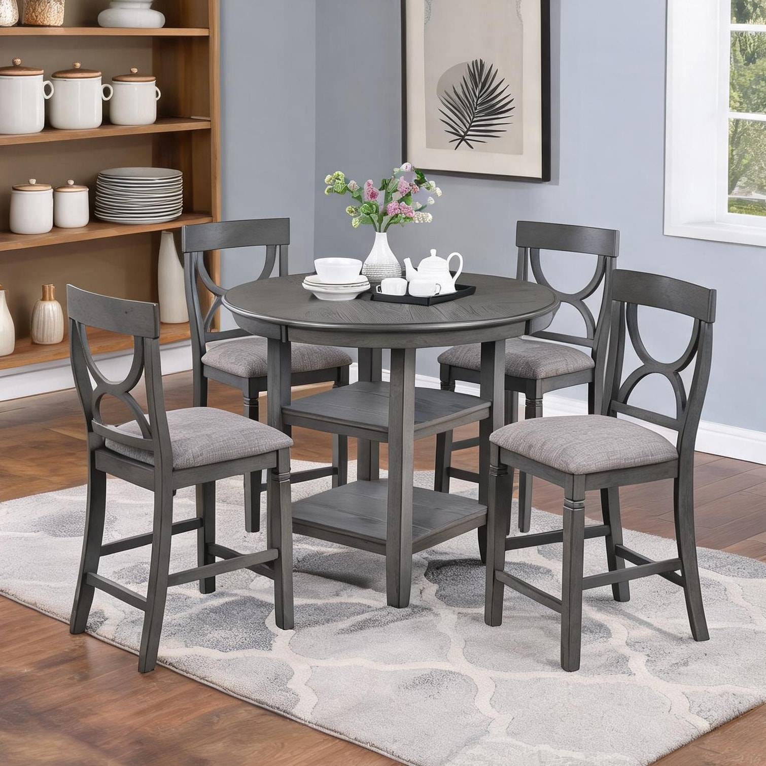 Tammesy Dining Set - Slate Gray Rubberwood Pub Table Set with Built-in ...