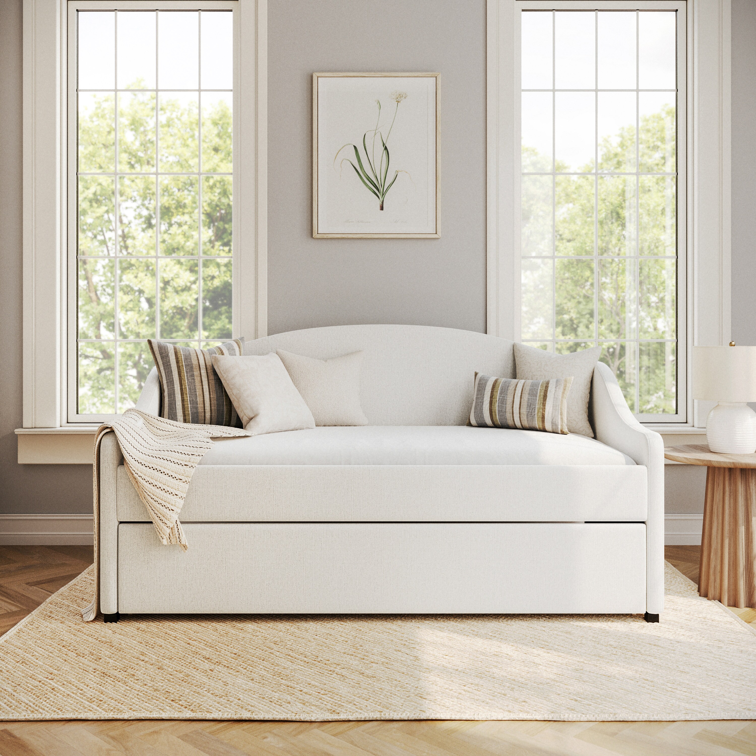 Martha Stewart 889142413691 Anya Twin Upholstered Platform Daybed with Pull Out Trundle; Cushioned Headboard; Footboard; Side Rails; Trundle; No Box Spring Required; Off-White