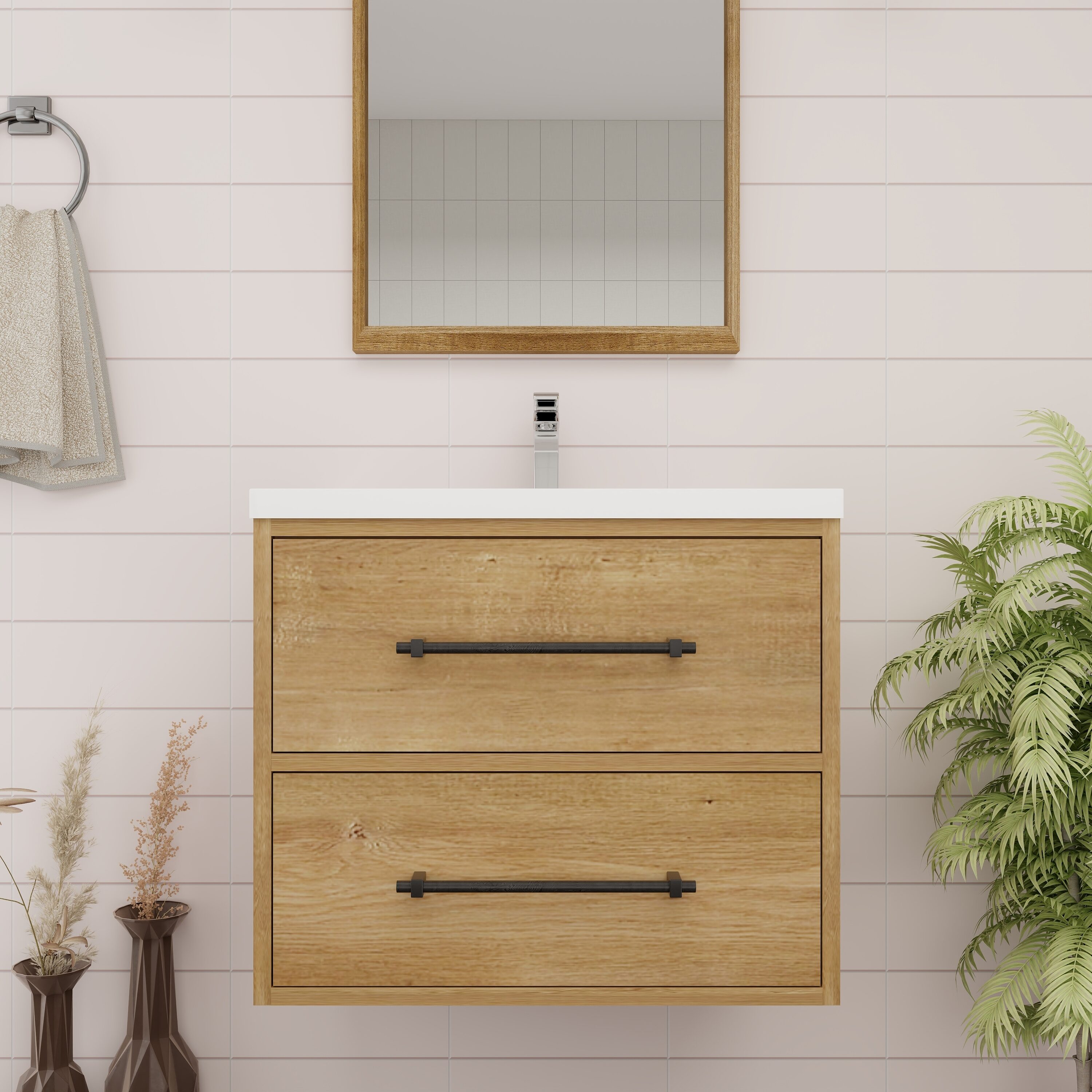 BV Better Vanity VICTORIA24WH-OAK Victoria 24-in Oak Single sink Floating Bathroom Vanity with White Acrylic Top
