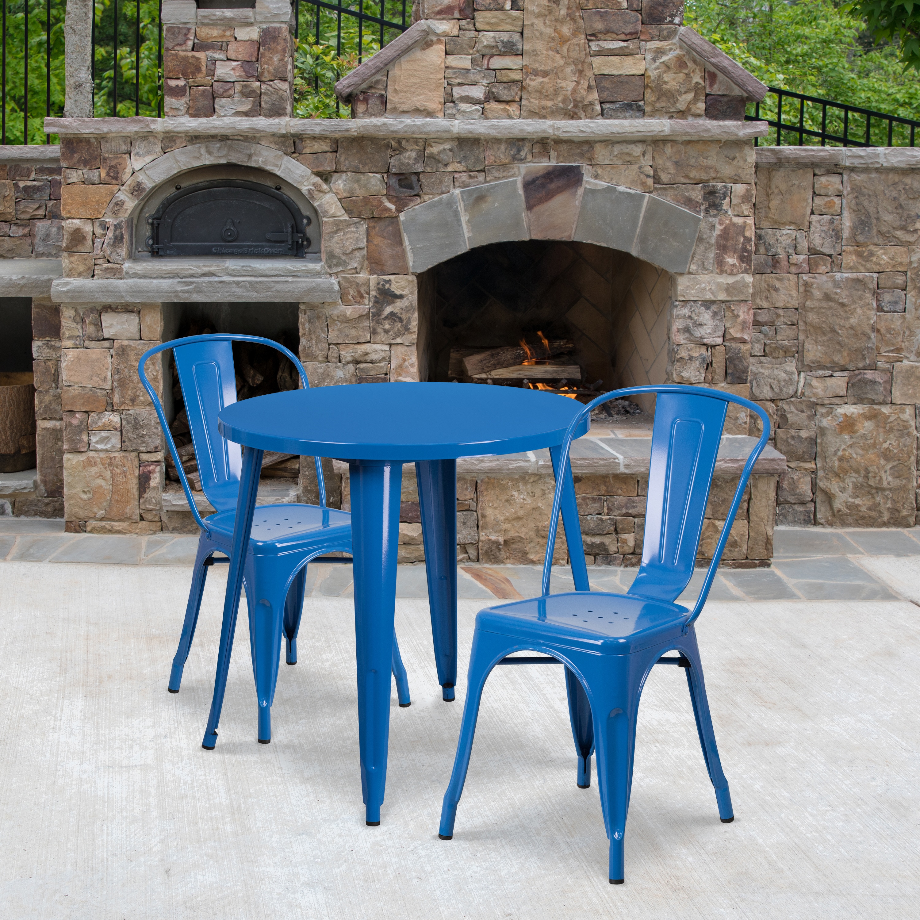 Emma + Oliver Commercial 30-in Round Blue Metal Indoor-Outdoor Table Set with 2 Cafe Chairs