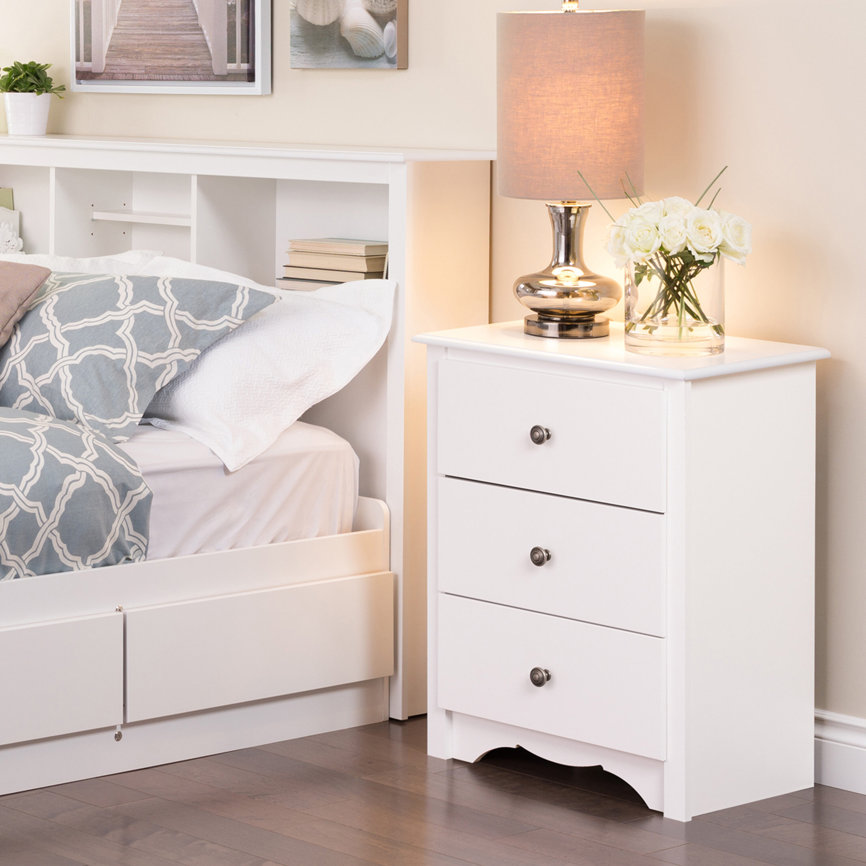 Prepac Monterey 3-Drawer White Nightstand with Curved Top Edges and ...