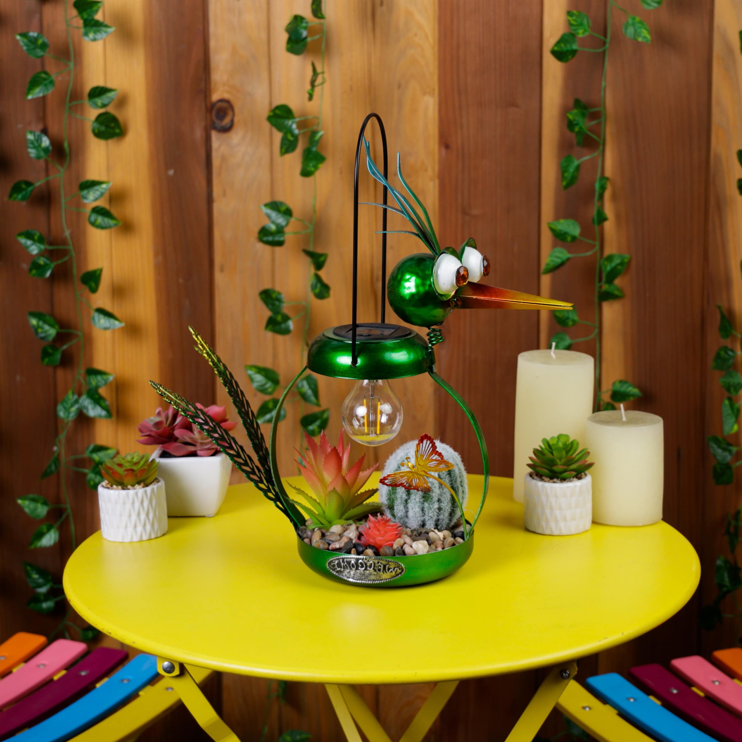 Whimsical Green Metal Heron with Solar LED Light