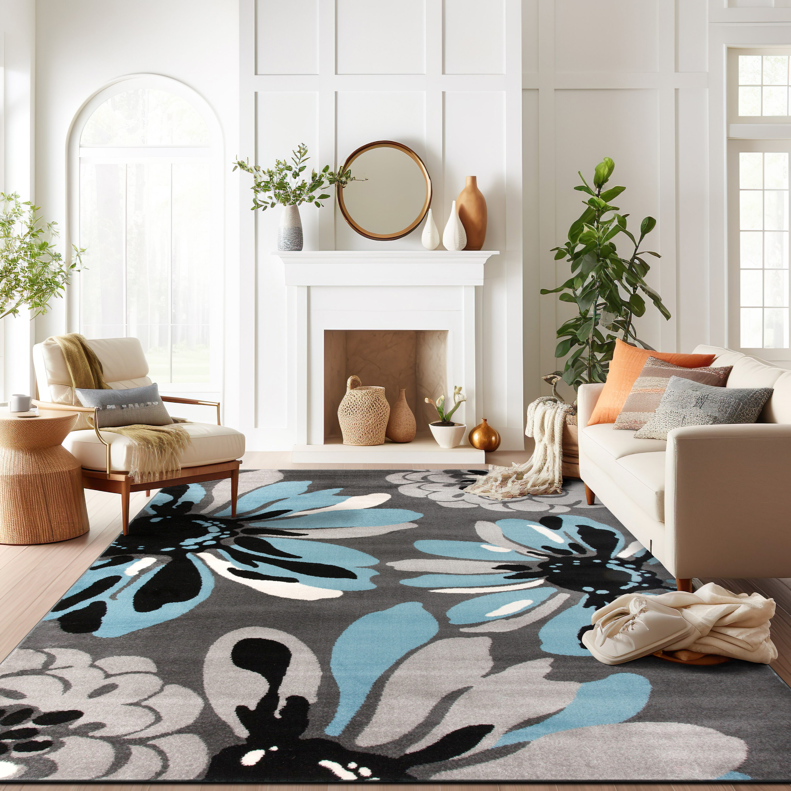 Blue and Gray Abstract Floral Synthetic Area Rug 8'8" x 12'