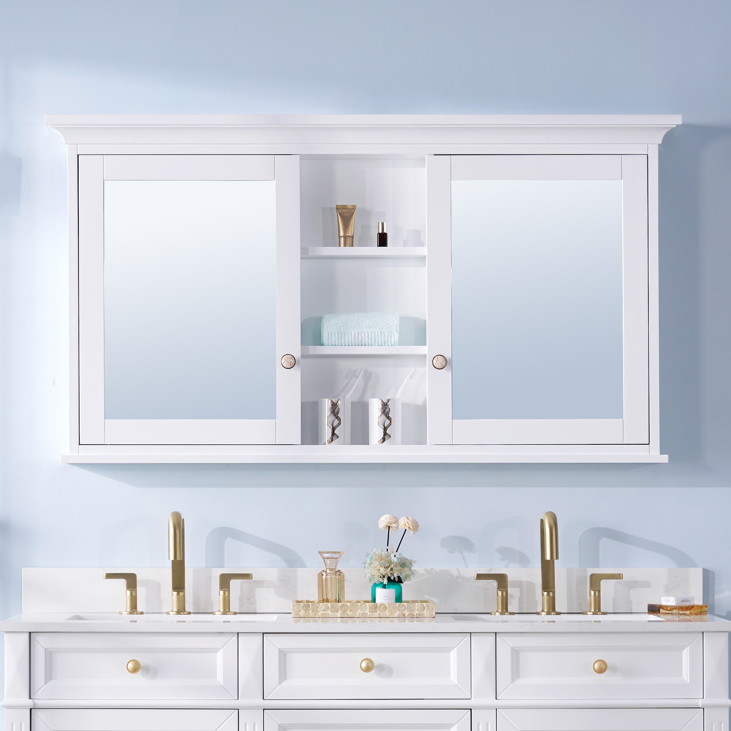 Forclover 55-in x 30-in Surface Mount White Mirrored Soft Close Medicine Cabinet