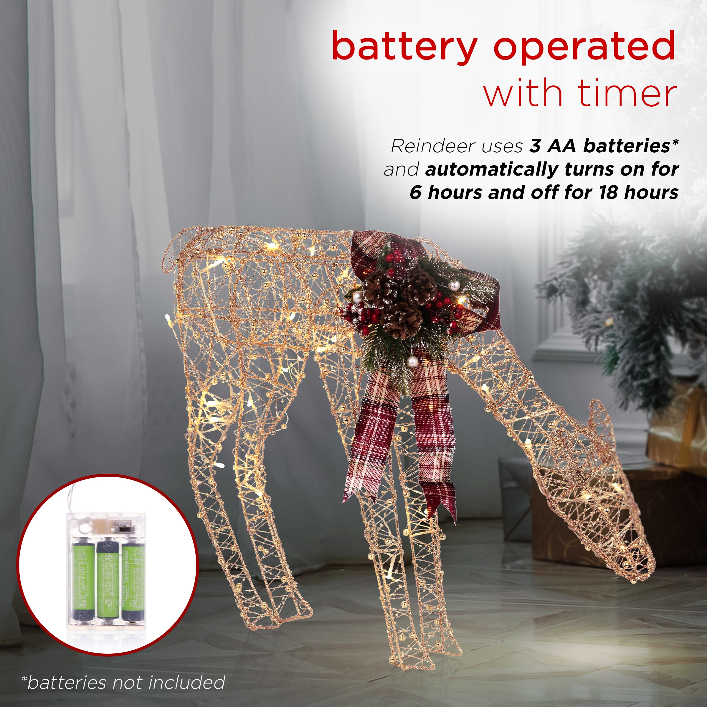 Gold Mesh Reindeer with LED Lights and Festive Bow