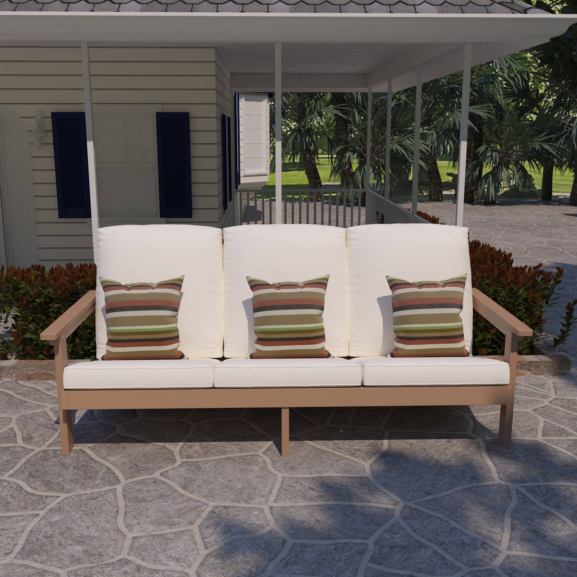 Clihome WSCL-JK03 All-weather Patio Chair Brown Plastic Frame Stationary Adirondack Chair with Off-white OLEFIN Fabric Cushioned Seat