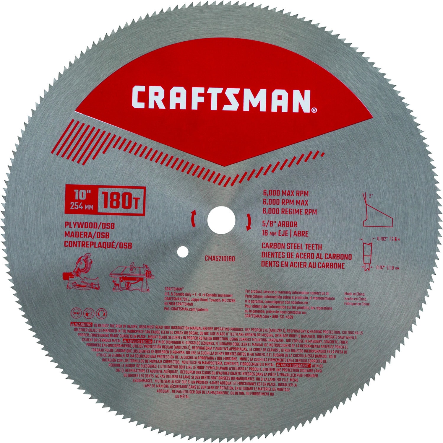 10-in 180-Tooth Fine Finish High-speed Steel Miter/Table Saw Blade | - CRAFTSMAN CMAS210180