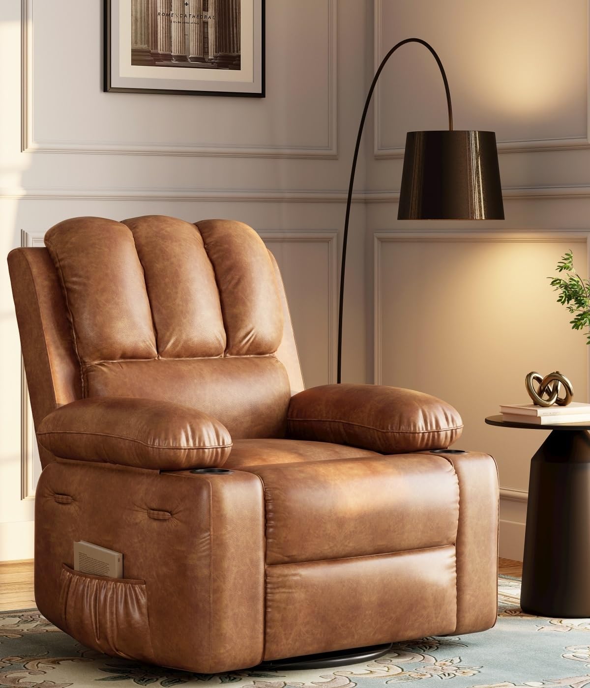 Qeetex LHF-SF-PHO-3384DVMD Oversized Recliner Chairs with Heat and Massage - 360 Swivel Lazy Recliner Chair for Adults - Manual Rocking Chair with Cup Holder for Living Rooms/Bedrooms and Nurseries - Brown