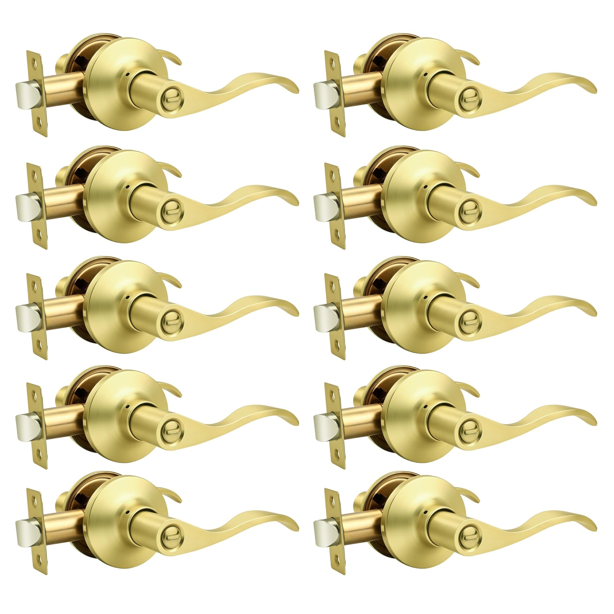 Aoibox  10 Pack Satin Brass Stainless Steel Wave Privacy Door Lever Adjustable Backset 1 3 8 in to 1 3 4 in Door Fit