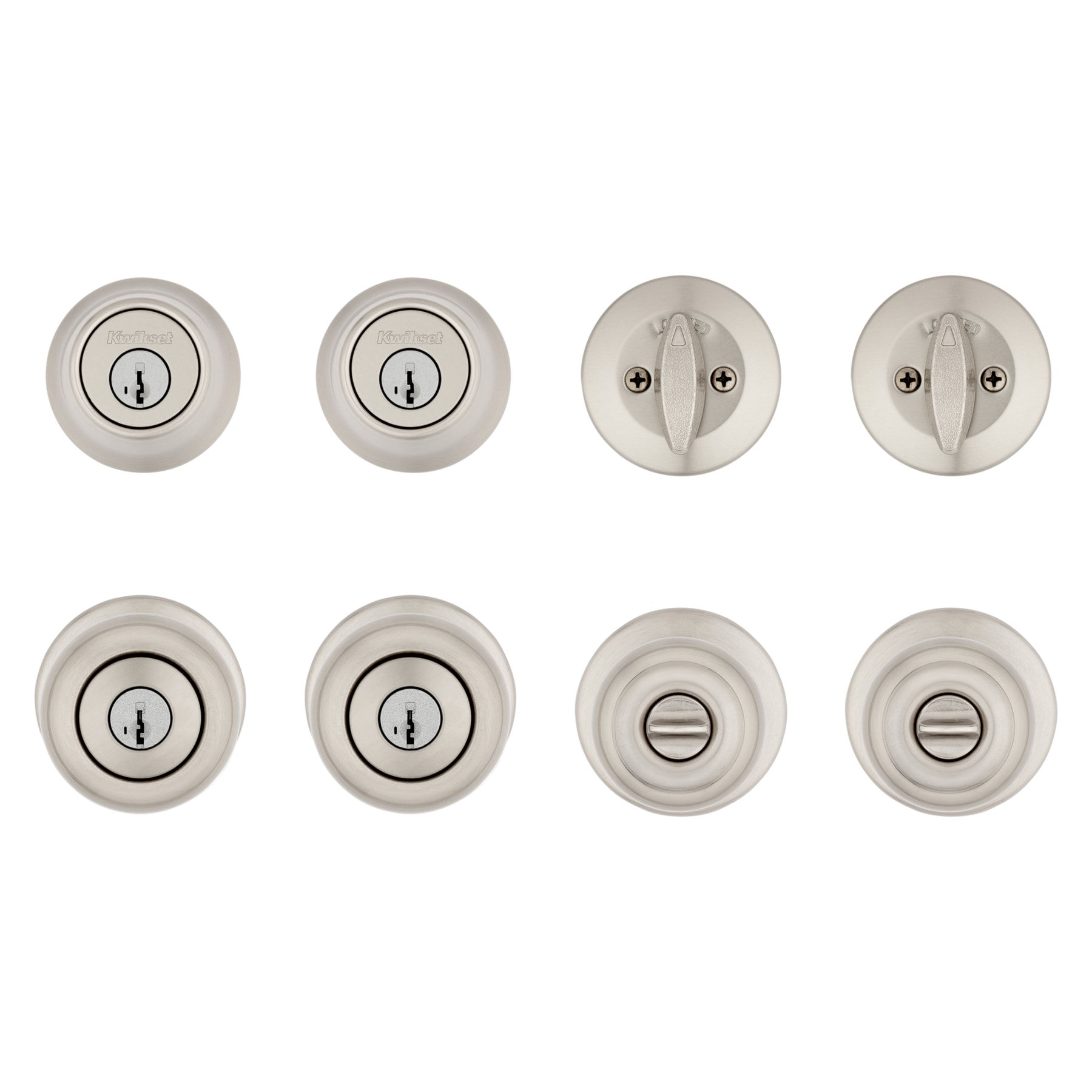 Kwikset Series Cove Satin Nickel Smartkey Exterior Single-cylinder deadbolt  Combined Door Knob Contractor Pack with Antimicrobial Technology (4-Pack)  in the Door Knobs department at