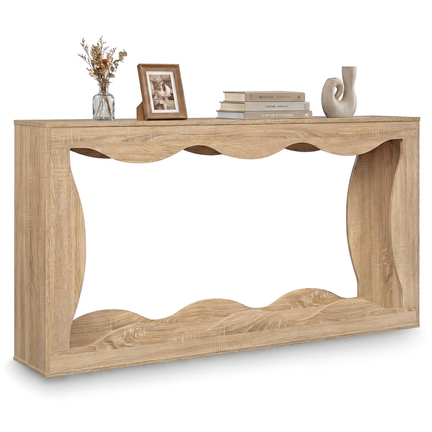 Volenca 63-in Engineered Wood 2-Tier Console Table Narrow Entryway Table with Wavy Edge Shelf Natural