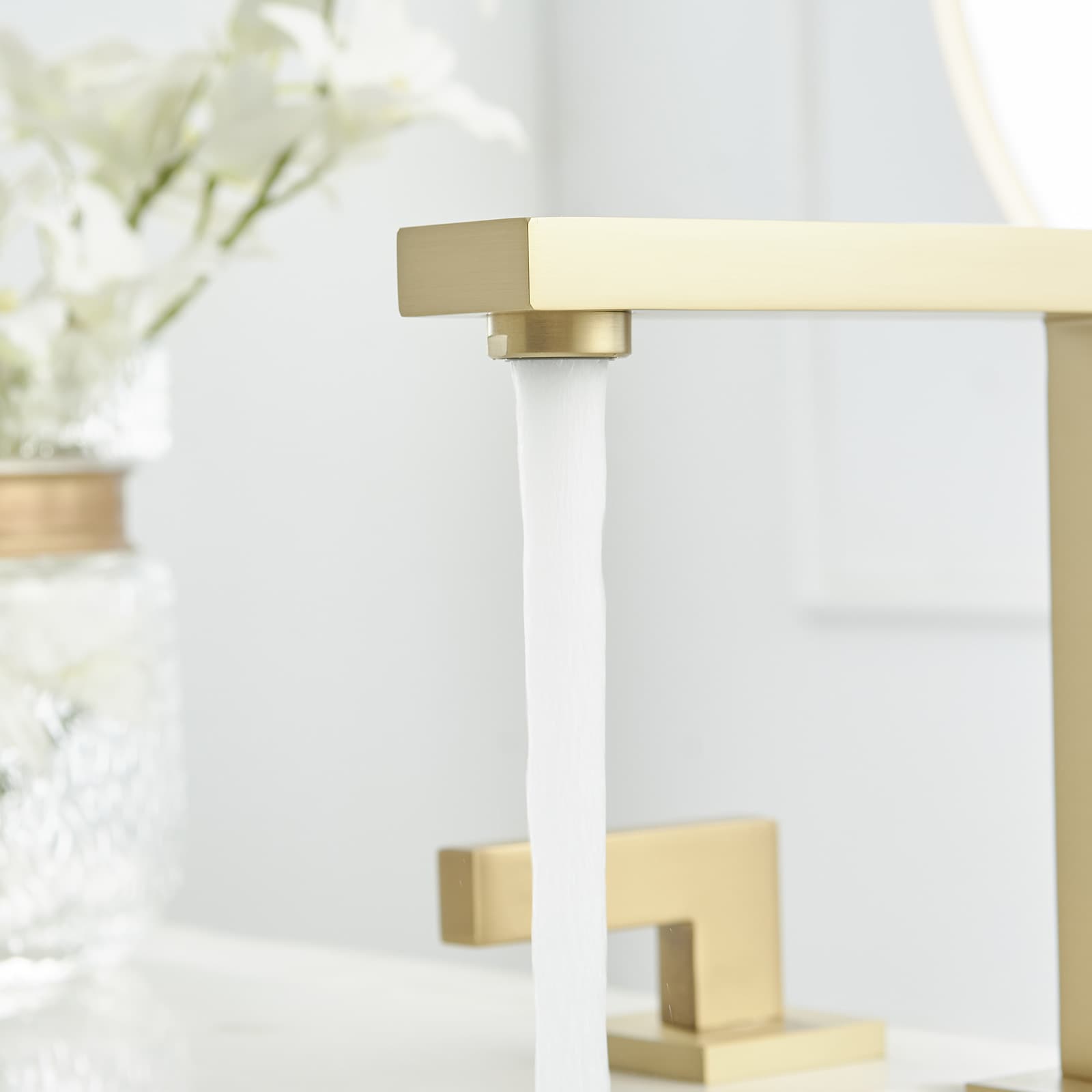 Brushed Gold Modern Widespread Bathroom Faucet with Lever Handles