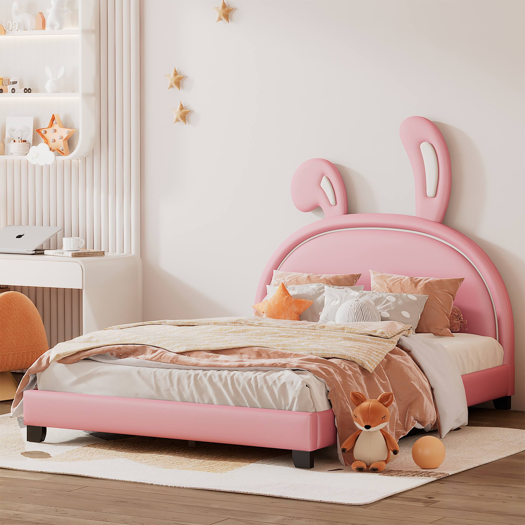 Yiekholo Contemporary Upholstered Full Bed in Pink with Rabbit Ornament ...