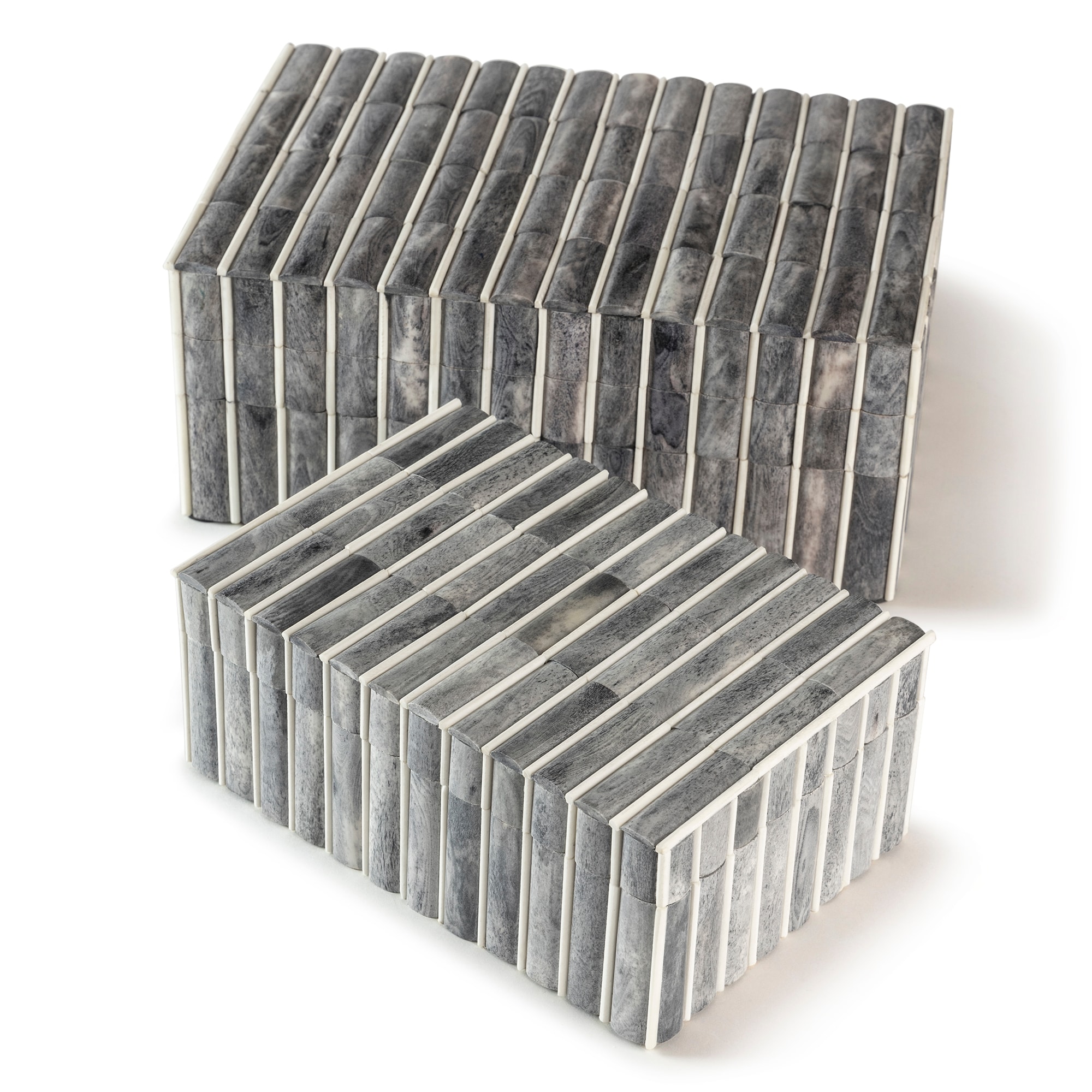 Gray and Ivory Carved Bone Decorative Boxes, Set of 2
