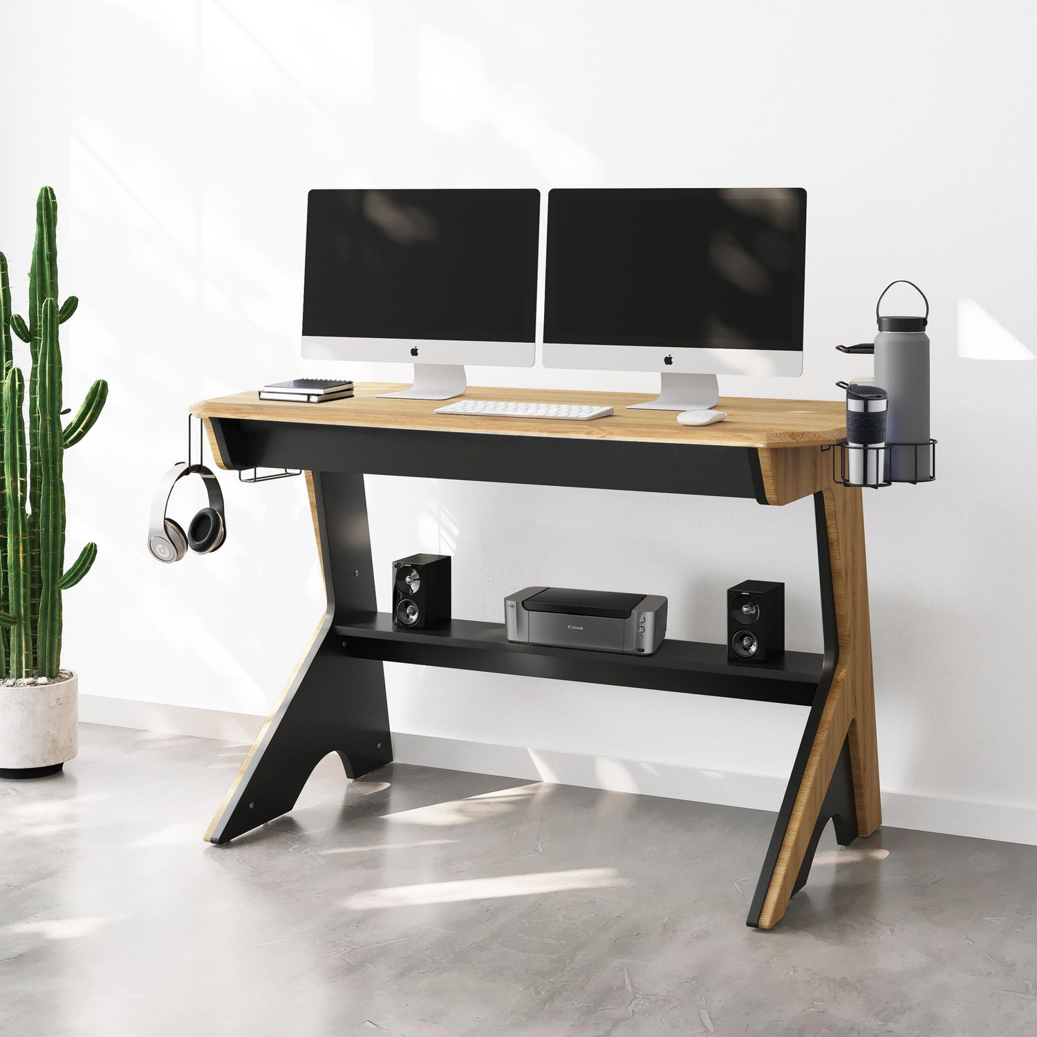 JASMODER RTA-3992D-PN Home Office Computer Writing Desk Workstation With Two Cupholders And A Headphone Hook- Pine