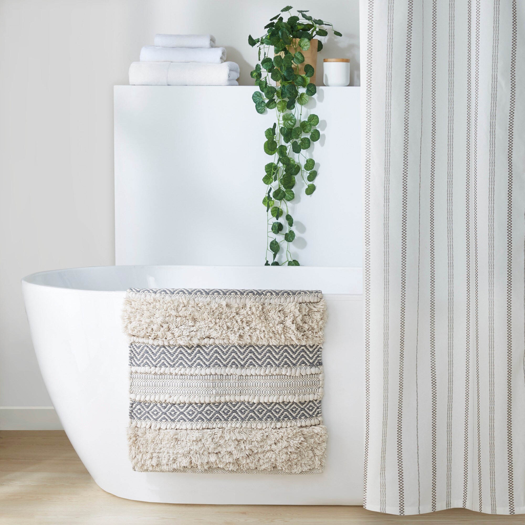 Nordic Shaggy Grey and Beige Patterned Bathroom Rug