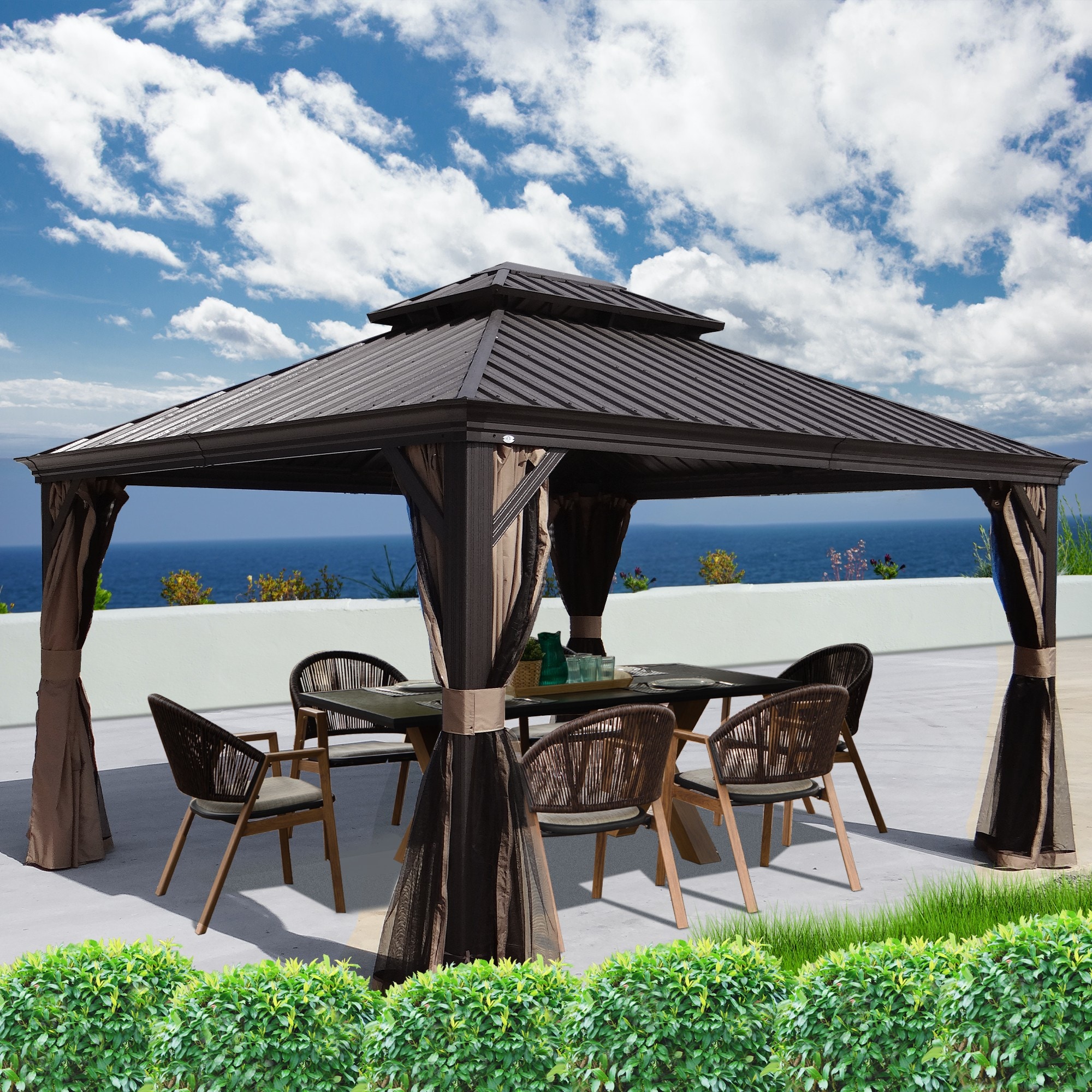 Kozyard 12 Ft X 14 Ft Gazebo Square Dark Brown Metal Steel Roof Gazebo With Screen Included In 2900