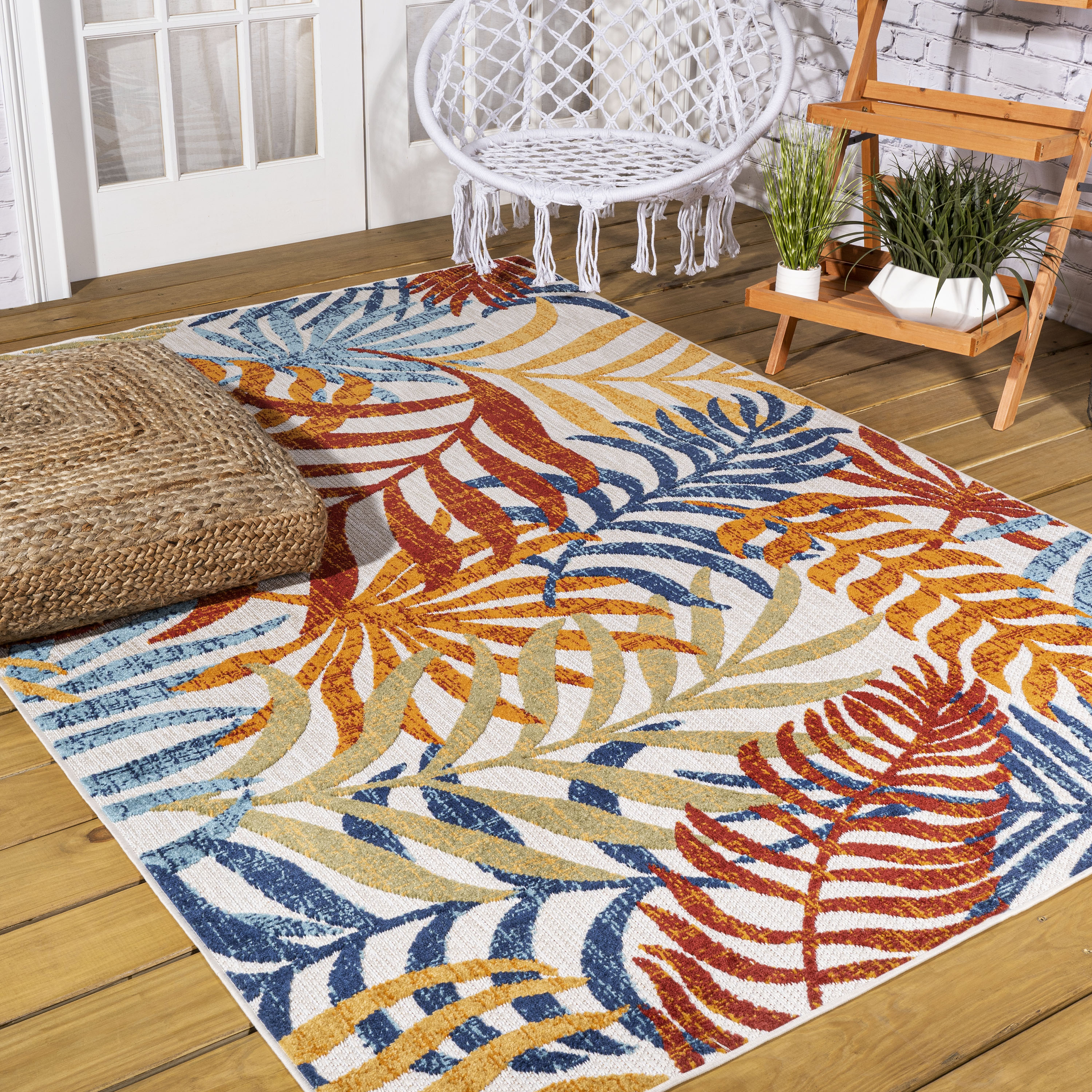 Cream and Orange Tropical Palm Leaves 5' x 8' Indoor/Outdoor Rug