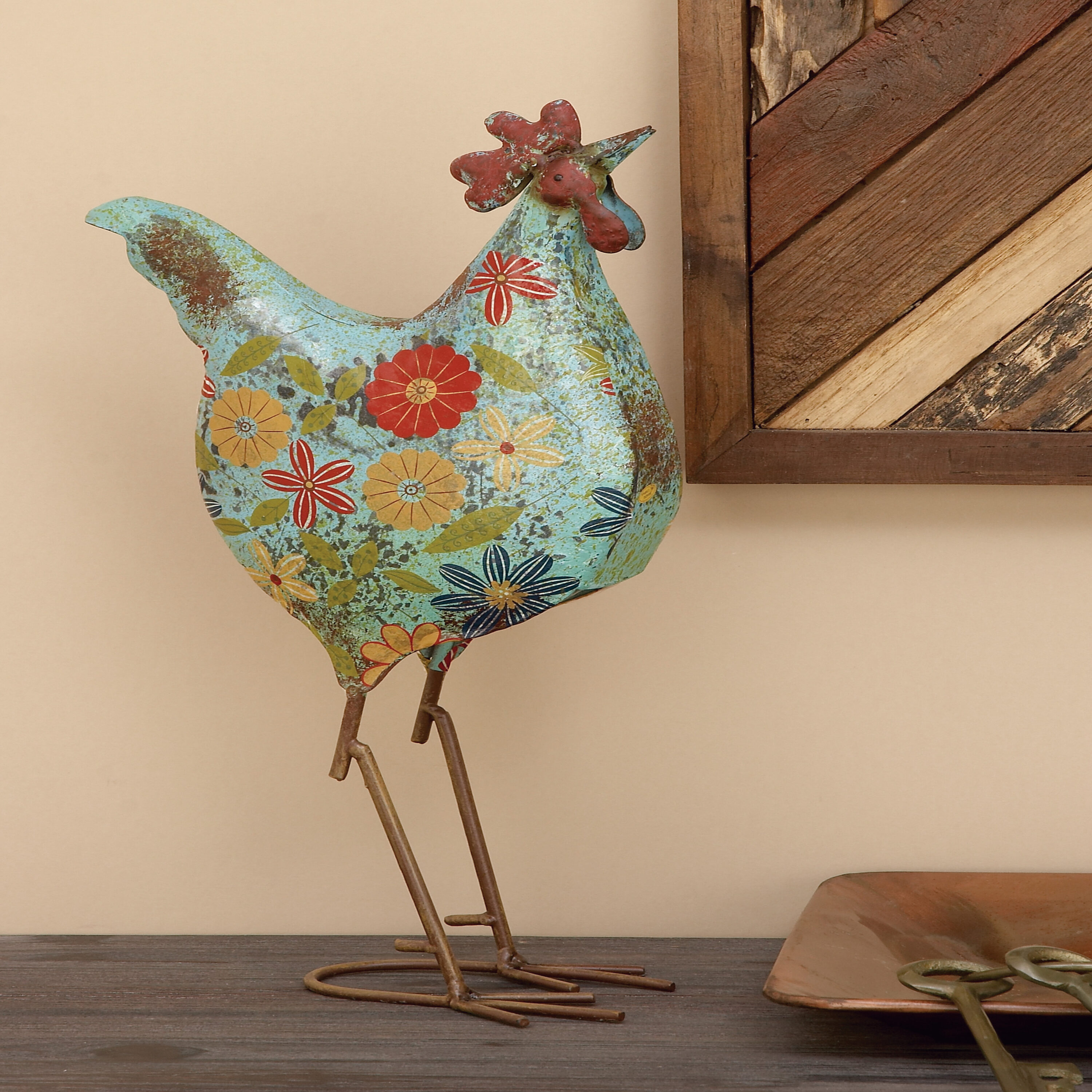 17" Green Floral Metal Rooster Garden Sculpture