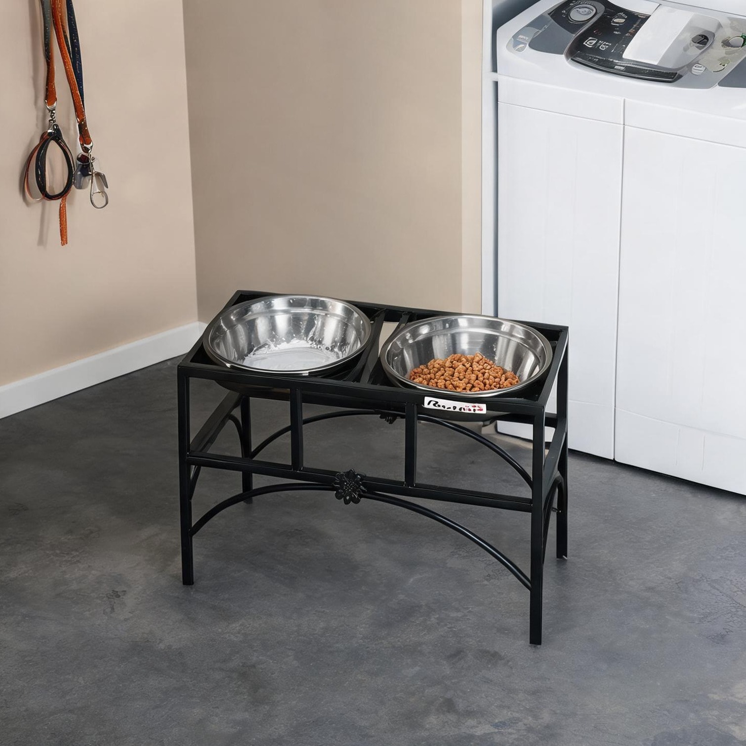 FlowLuxe - Black-Toned Metal Double Elevated Pet Feeding Station for Medium Dogs 14-inch High Rec...