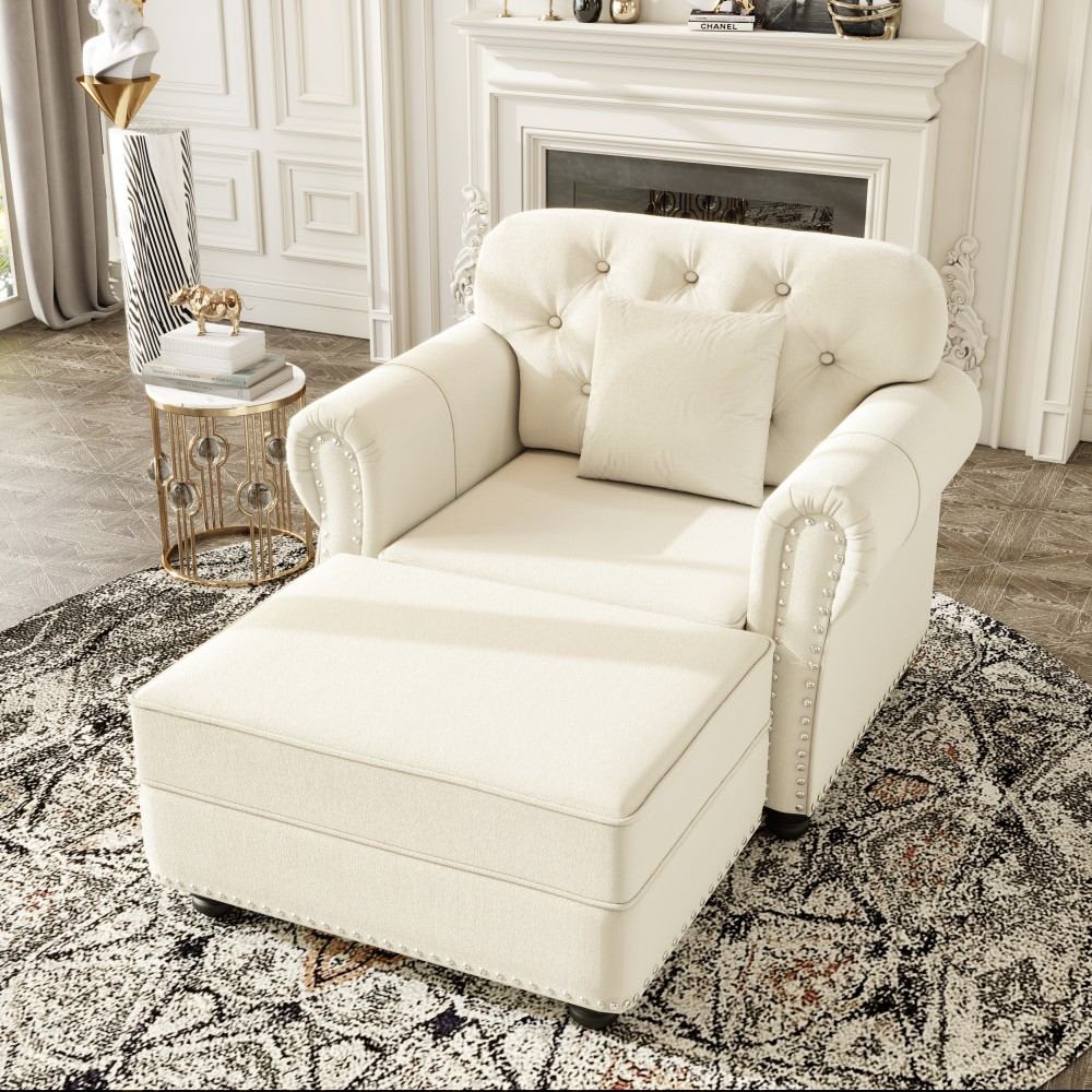 Coolbibila 41 Inch Beige Velvet Chesterfield Armchair with Ottoman Mid Century Tufted Nailhead Trim Rolled Arms