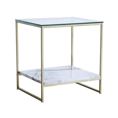 Gold Glass Industrial End Table, Roomfitters White Marble Print Coffee Table With Gold Metal Legs 2 Tier Living Room