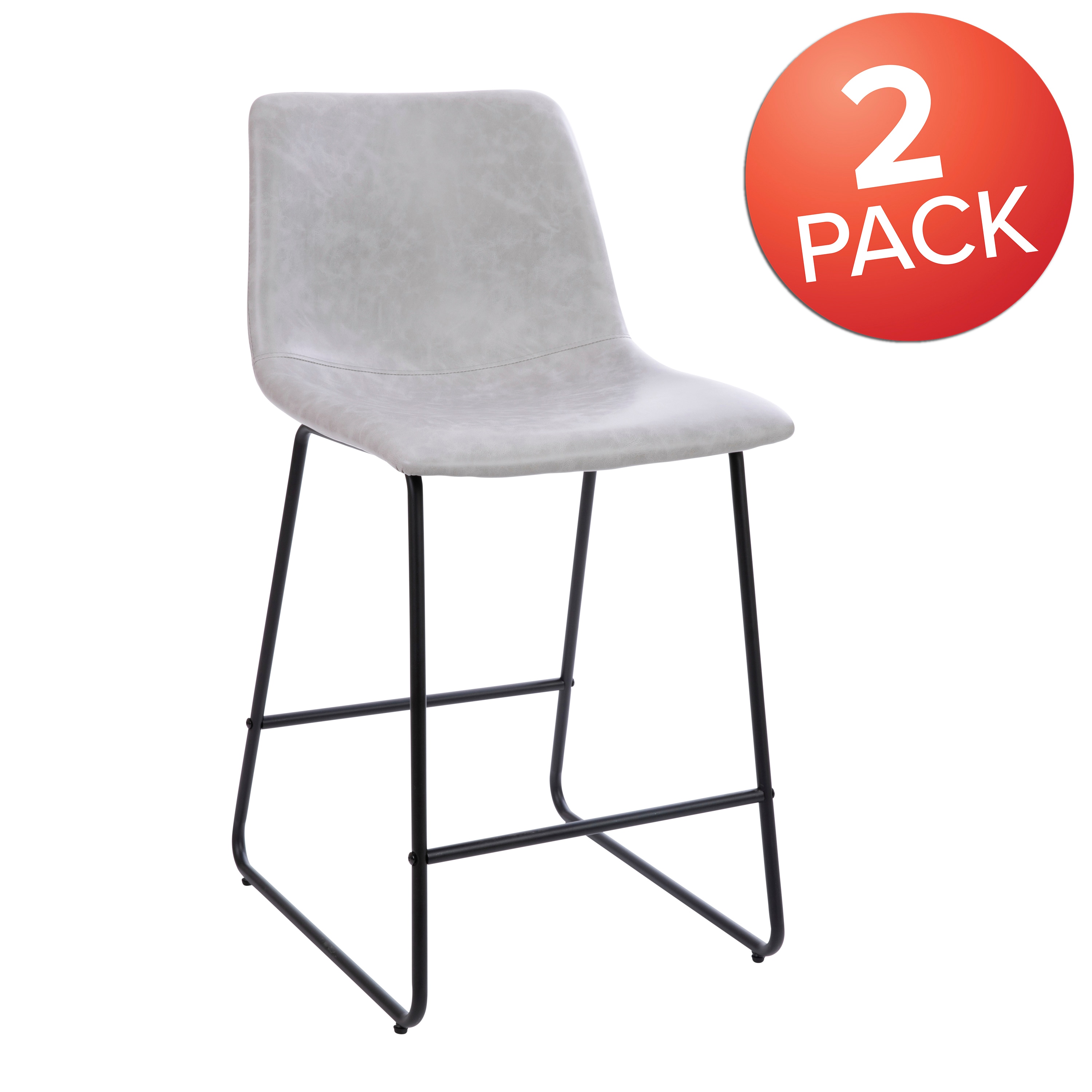 Adjustable Light Gray Leather & Metal Dining Stools, Set of 2