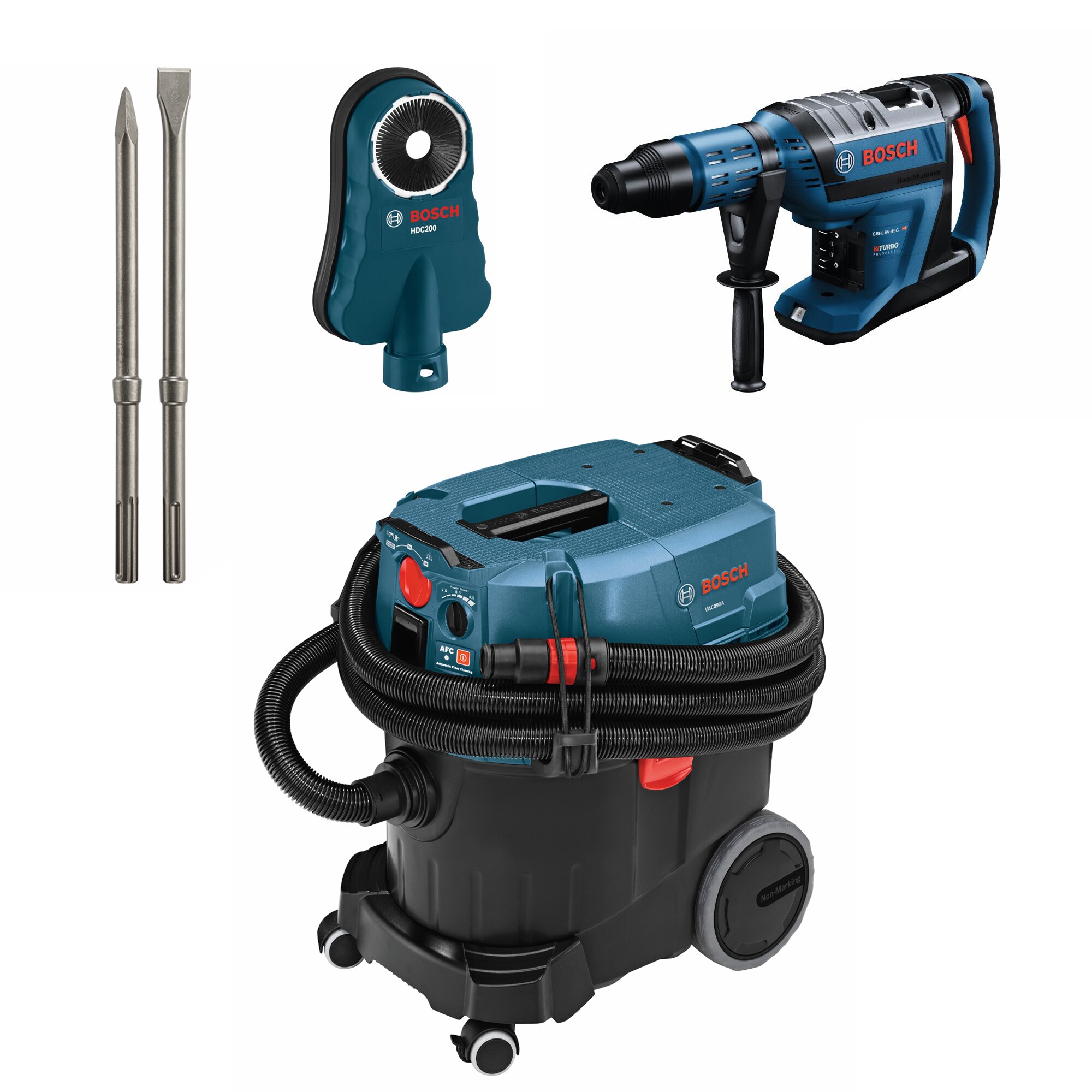 Bosch GBH18V-45CK 18V PROFACTOR™ 1-7/8 In. SDS-max Rotary Hammer (Bare Tool), HDC200 Dust Collection Attachment, and VAC090AH 9 Gallon Dust