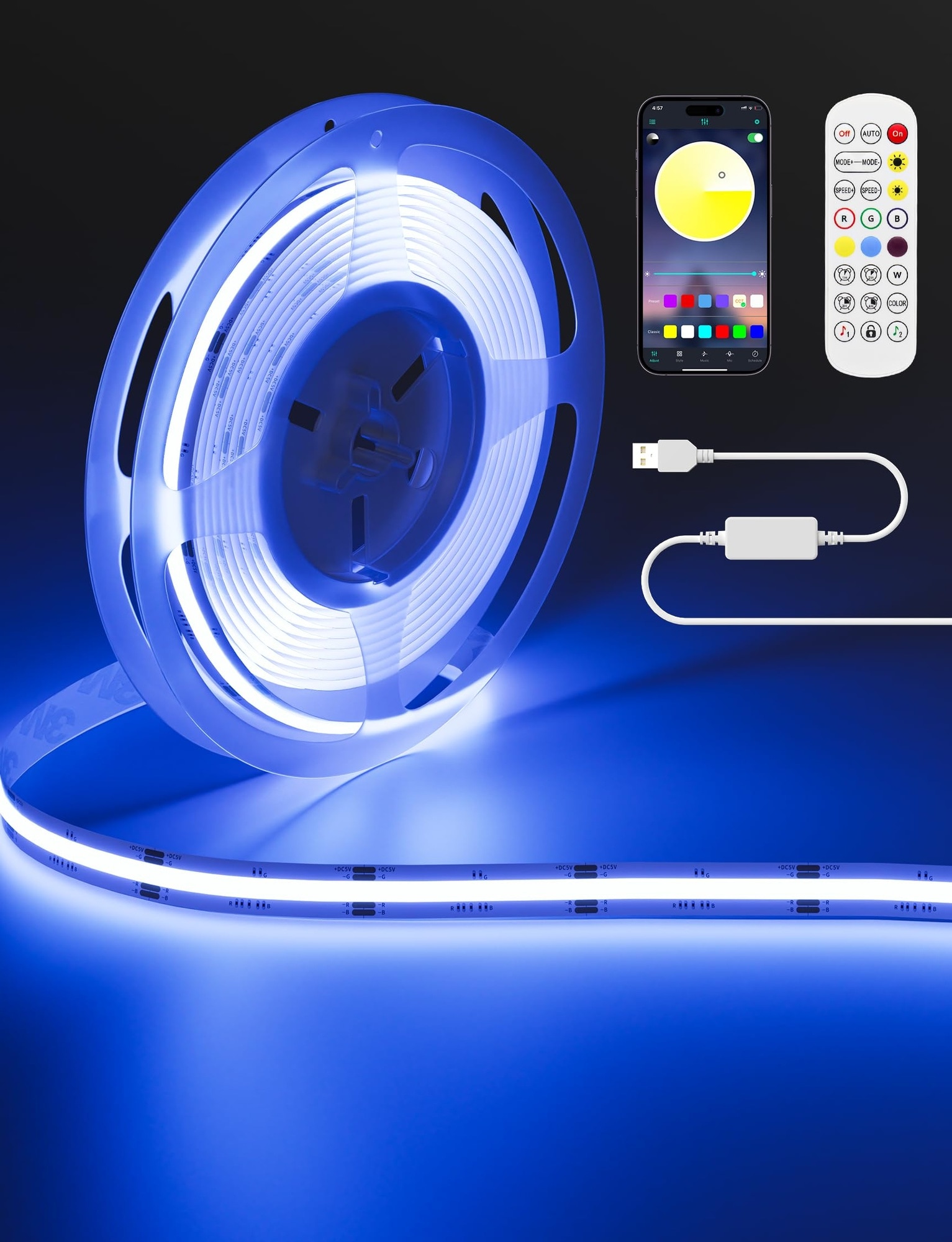 Vrbgify  USB RGB COB LED Strip Light 1 Roll 3 Meter Ultra Bright Color Changing Flexible Tape App RF Control Music Sync UL Listed Cuttable for