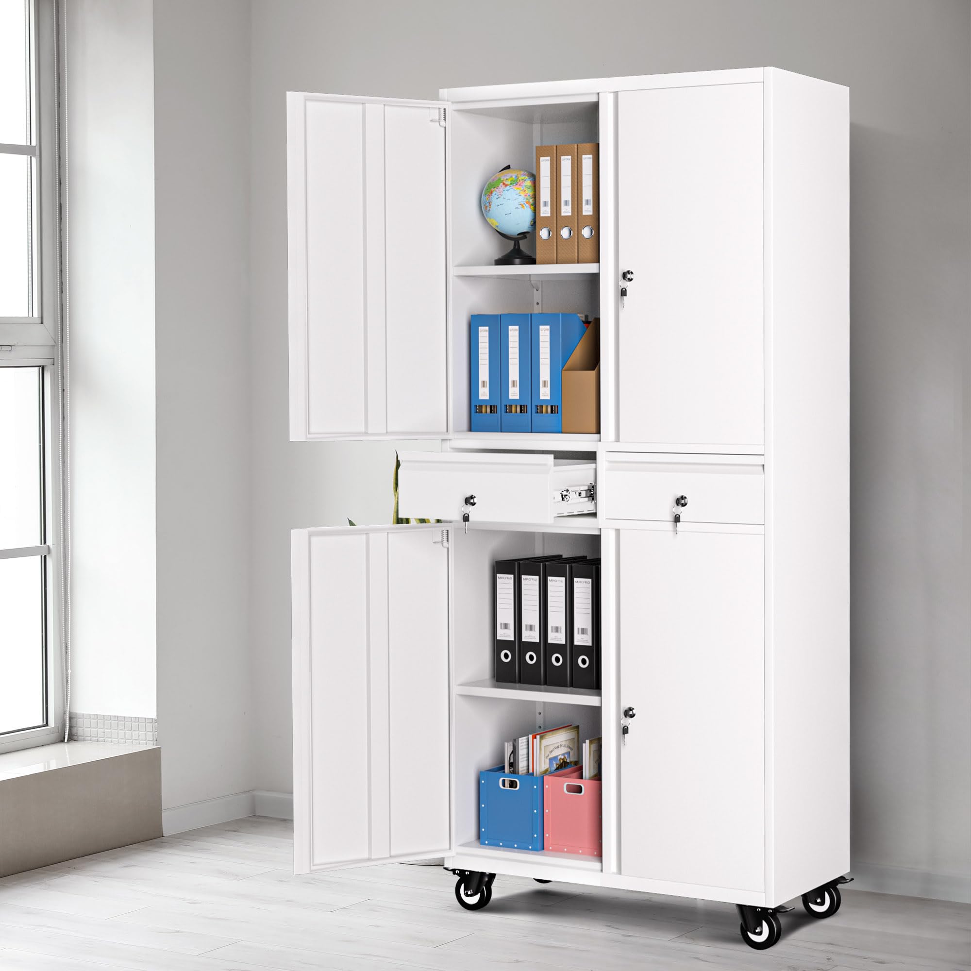 IdealHouse 73 Inch Metal Storage Cabinet/ Heavy Duty Garage Tool Cabinet with Locking Doors/ Adjustable Shelves and 2 Drawers - White