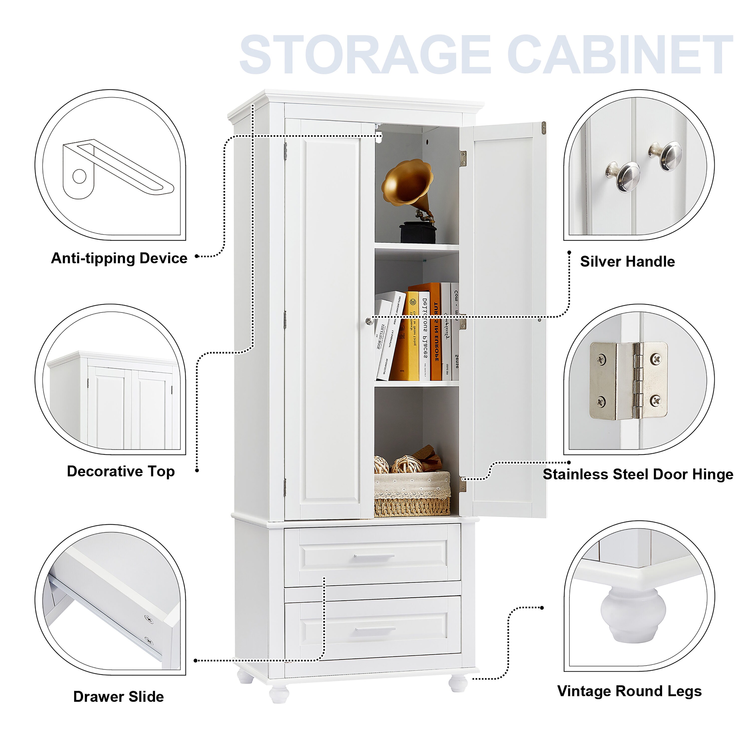 Large Freestanding Storage Cabinet with Glass Doors, Drawers and Open  Shelves, White - ModernLuxe