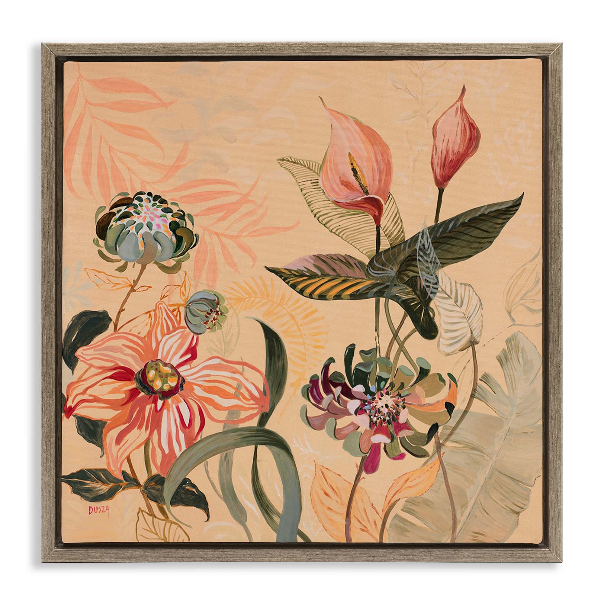 Stupell Industries BS-791-FFE-17X17 Tropical Foliage and Blooms Brown Framed Floater Canvas Wall Art By Dusza 18 x 18