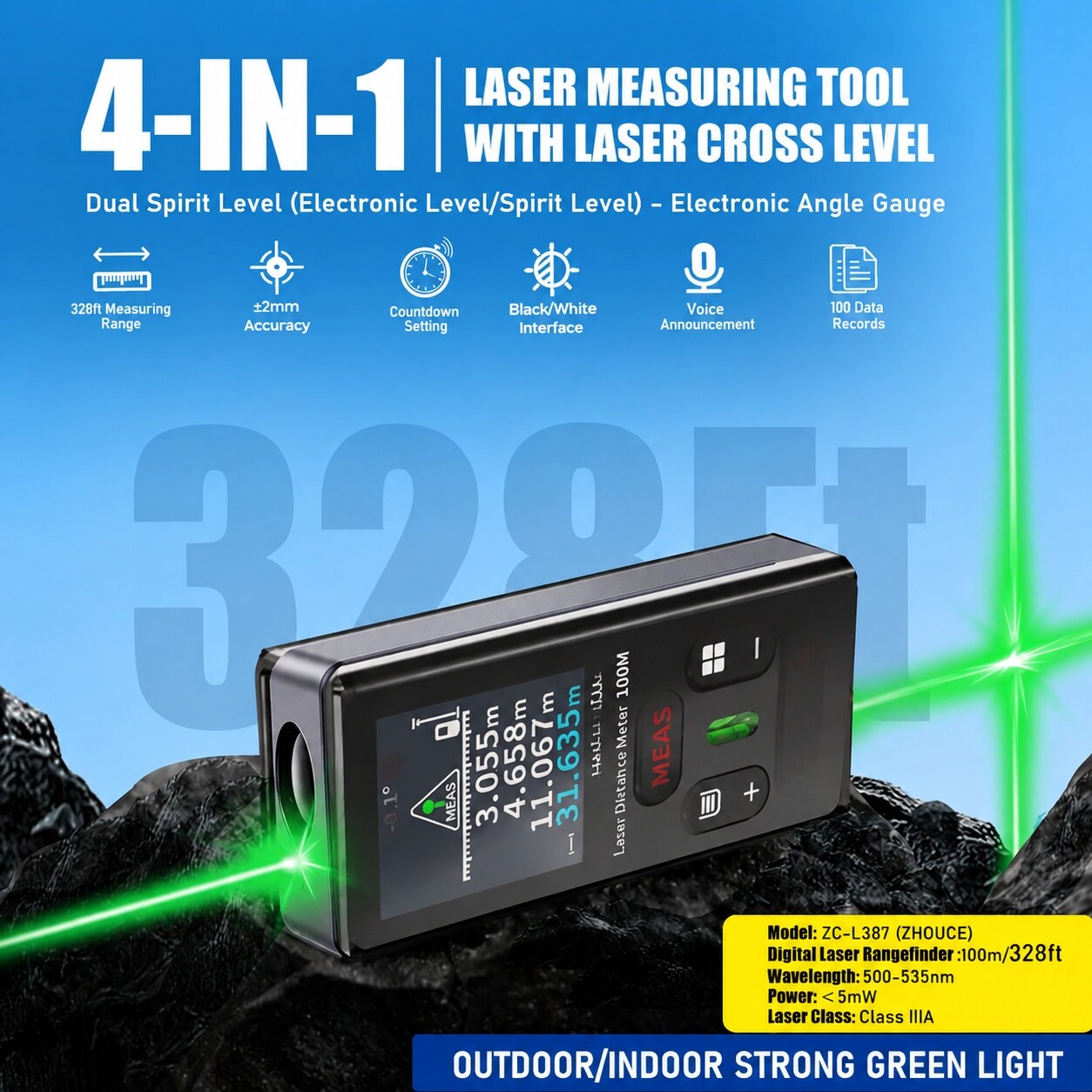 KHKFY Laser Distance Measurer with Green Cross Line Laser Level 328Ft ...
