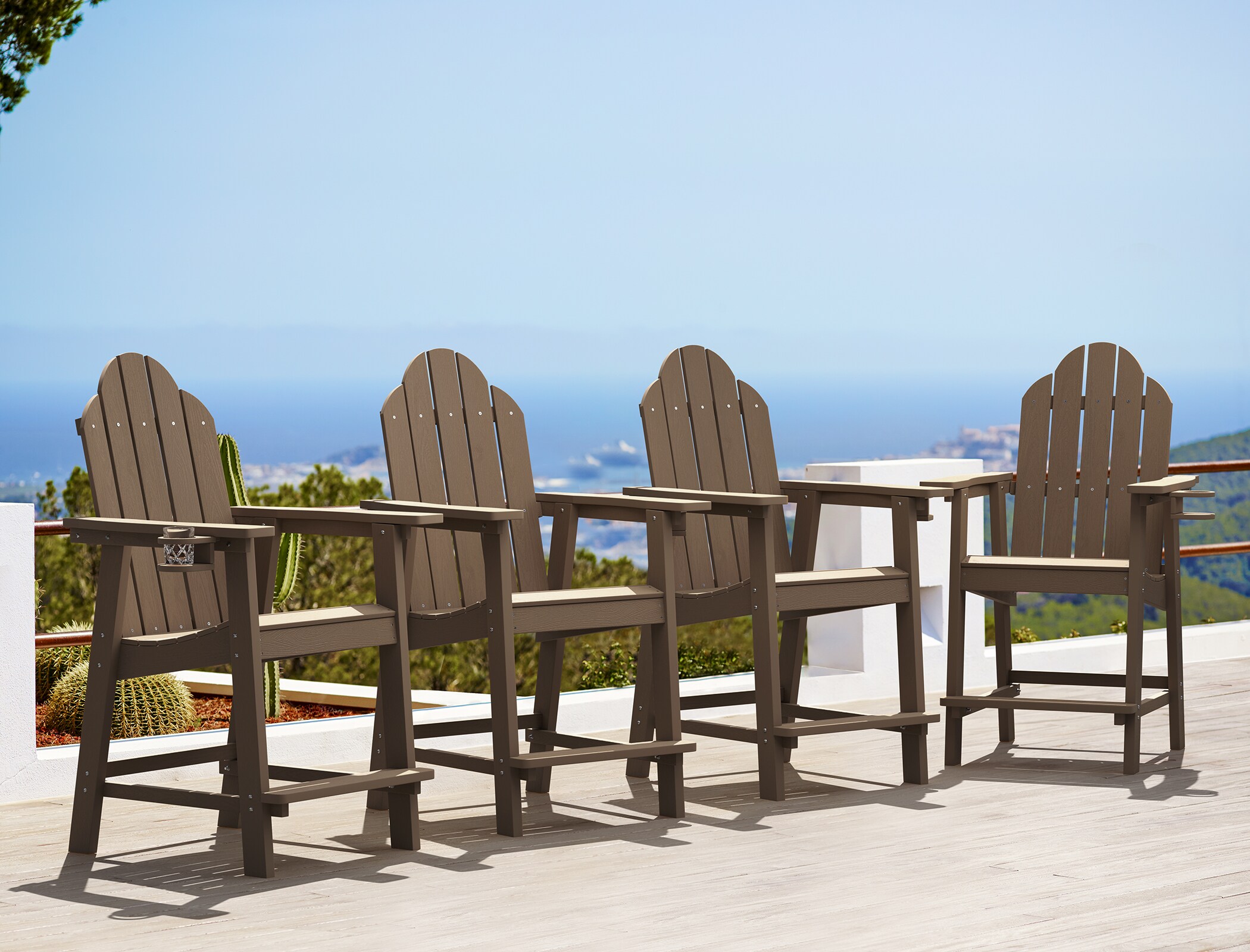 Yurevna LD-CB-4 Patio Bar Stool Set of 4 Dark Brown Polyethylene Frame Stationary Bar Stool Chair with Slat Seat