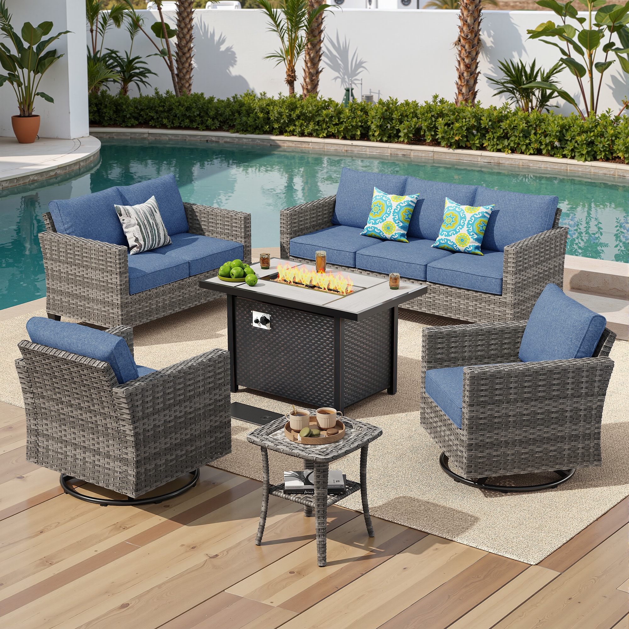 Pouuin SRFPYZGRS308 6 -Piece Wicker Patio Sofa Conversation Set with Blue Cushions