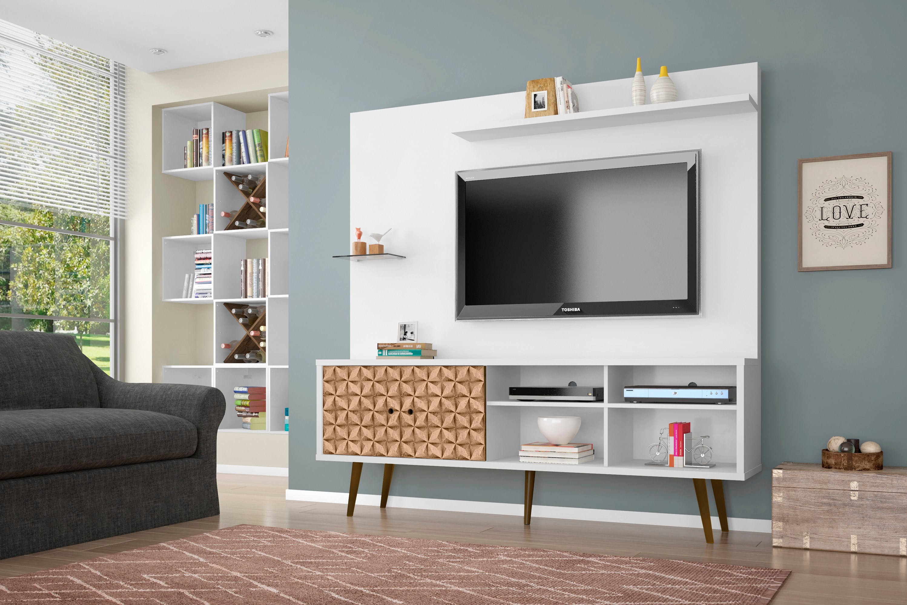 Manhattan Comfort 214BMC67 Liberty Modern/Contemporary White and 3D Brown Prints TV stand Integrated TV Mount ( Accommodates TVs up to 55-in )
