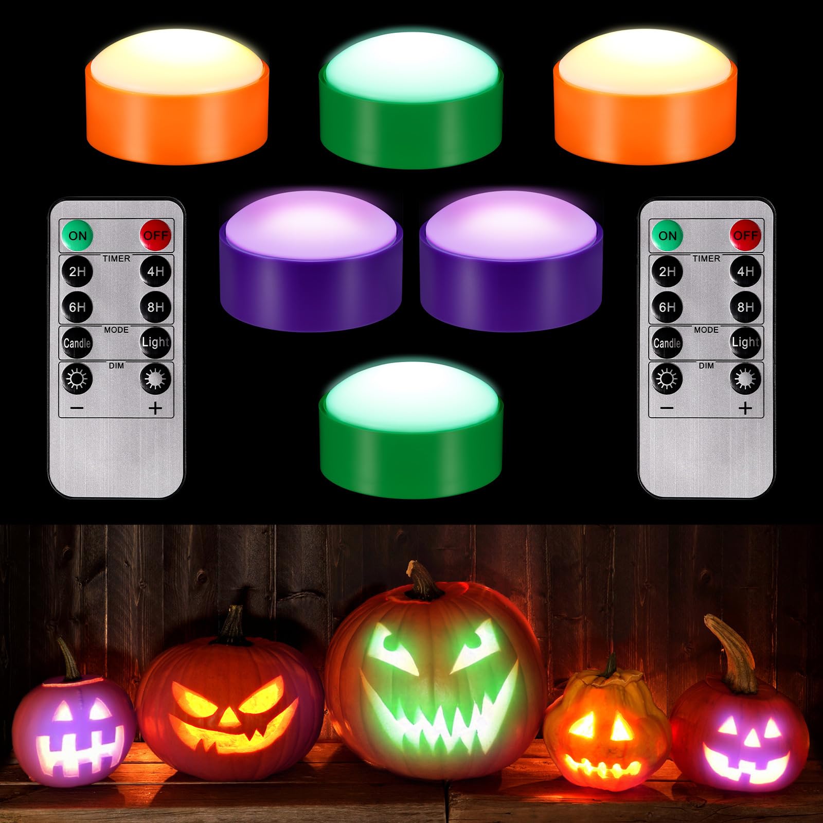 DYRCJ  6 Pieces Halloween Pumpkin Lights with Remote and Timer power cell Operated LED Pumpkin Lights in Green Orange Purple for Halloween and