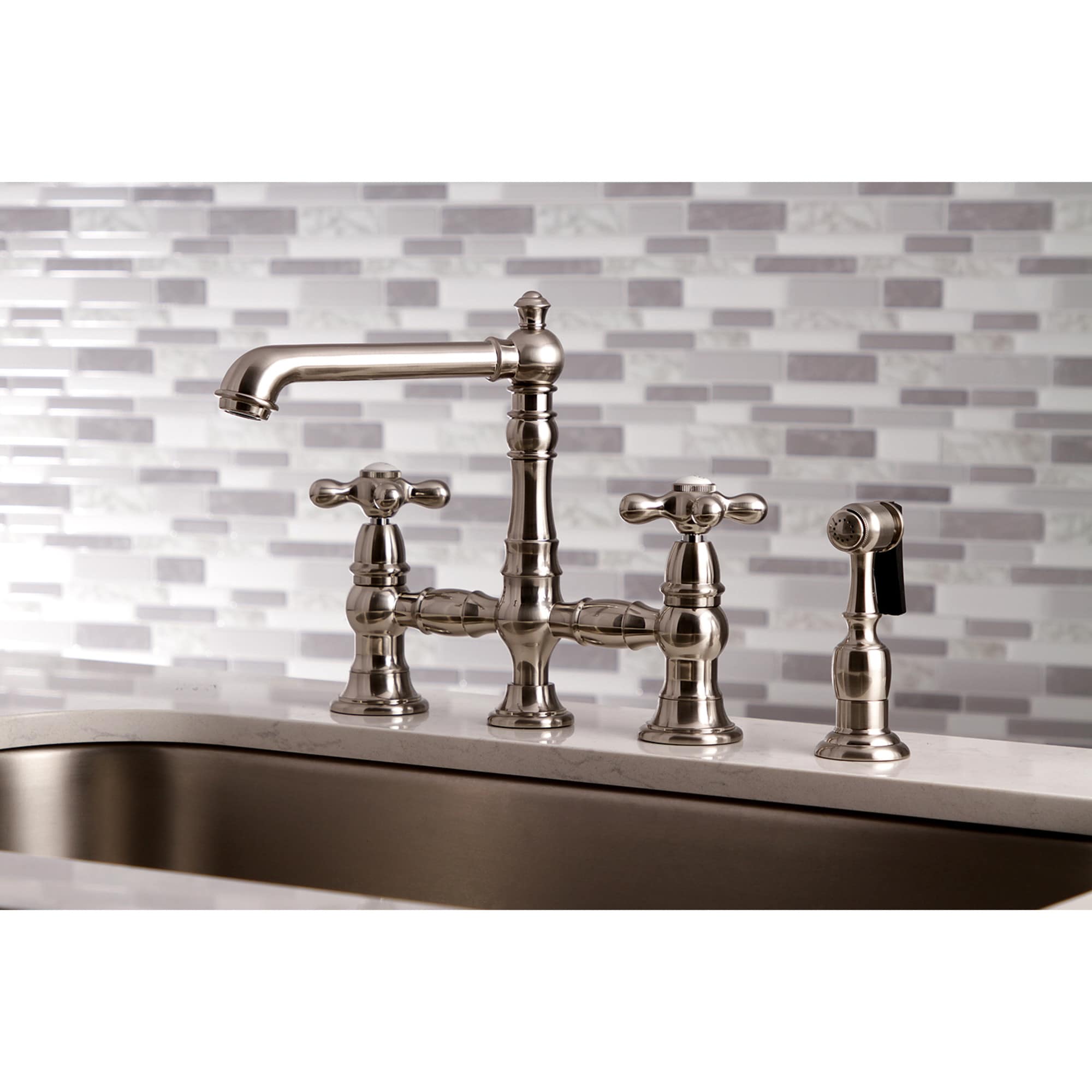 Kingston Brass WLKS7278AXBS English Country Brushed nickel Double Handle Deck-mount Bridge Kitchen Faucet with Sprayer ( Side Sprayer Included )