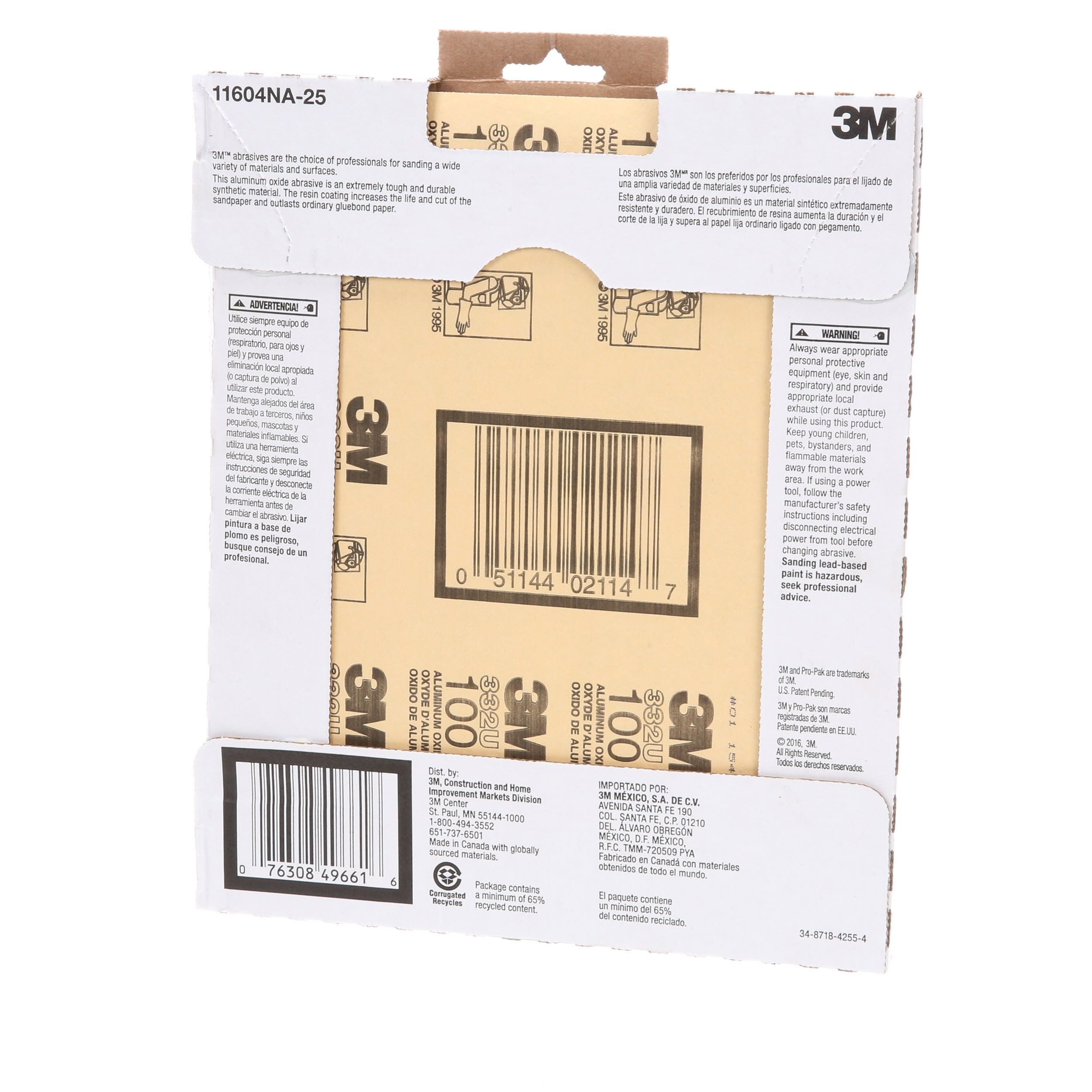 99404NA 100-Grit 3M Pro-Oak Aluminum Oxide Sandpaper for Paint and Rust Removal 9 in x 11 in 25 sheets per pack 