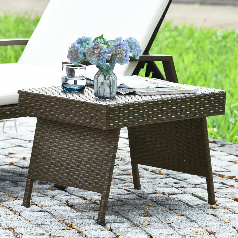 Compact Foldable Brown PE Rattan Side Table with Steel Frame