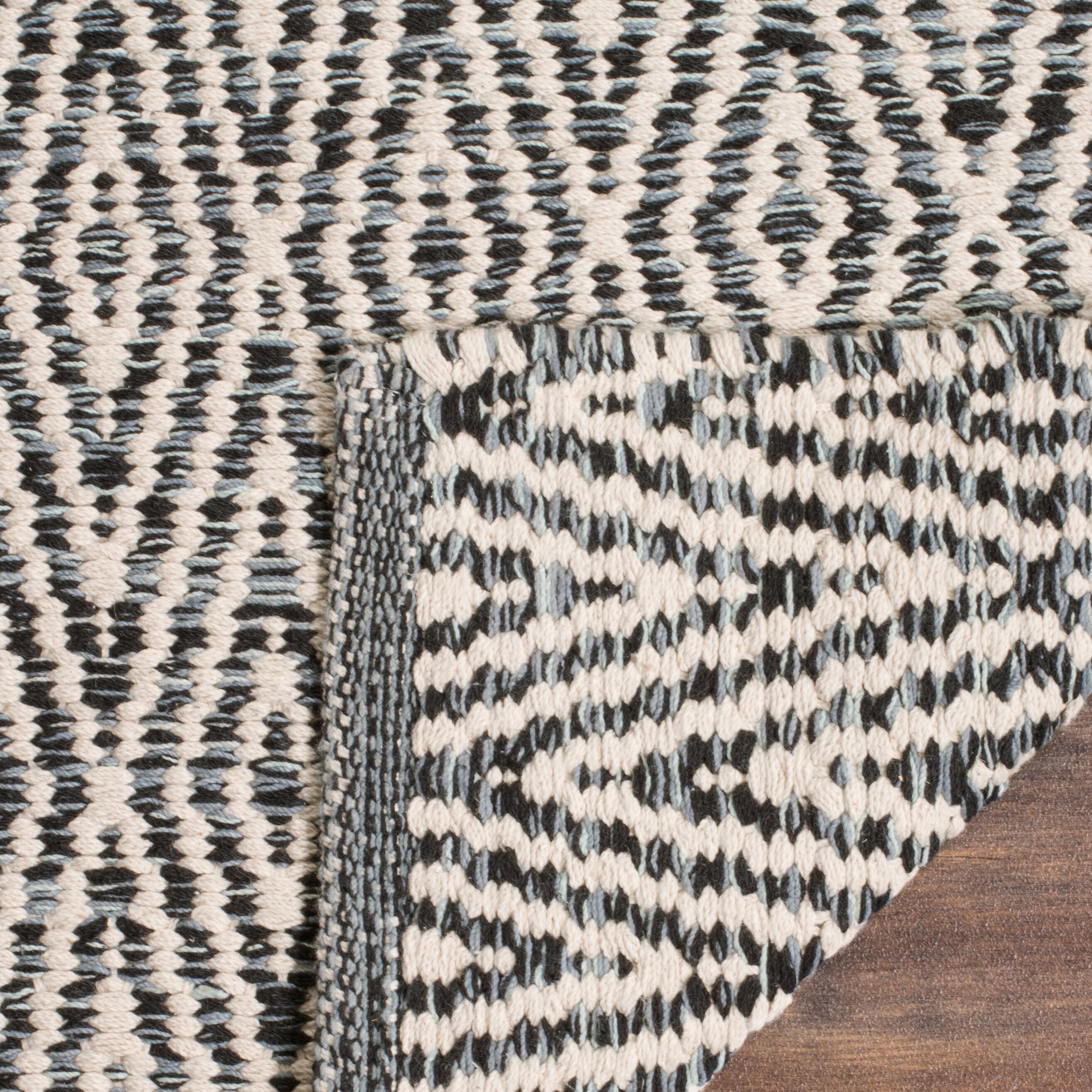 Ivory and Dark Grey Geometric Hand-Woven Wool Cotton Square Rug