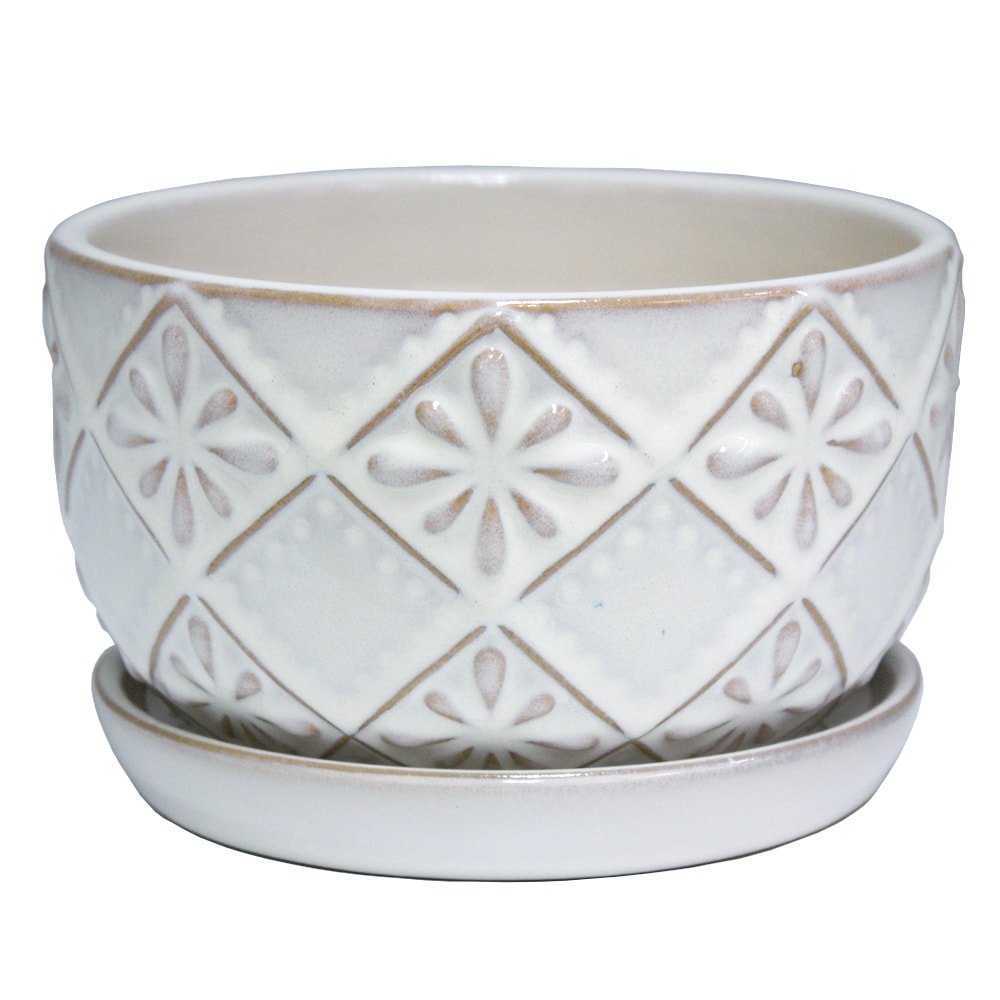 allen + roth PL00211S-060A Round 6.1-in W Small Off-white Ceramic Indoor Planter with Drainage Holes Attached Saucer