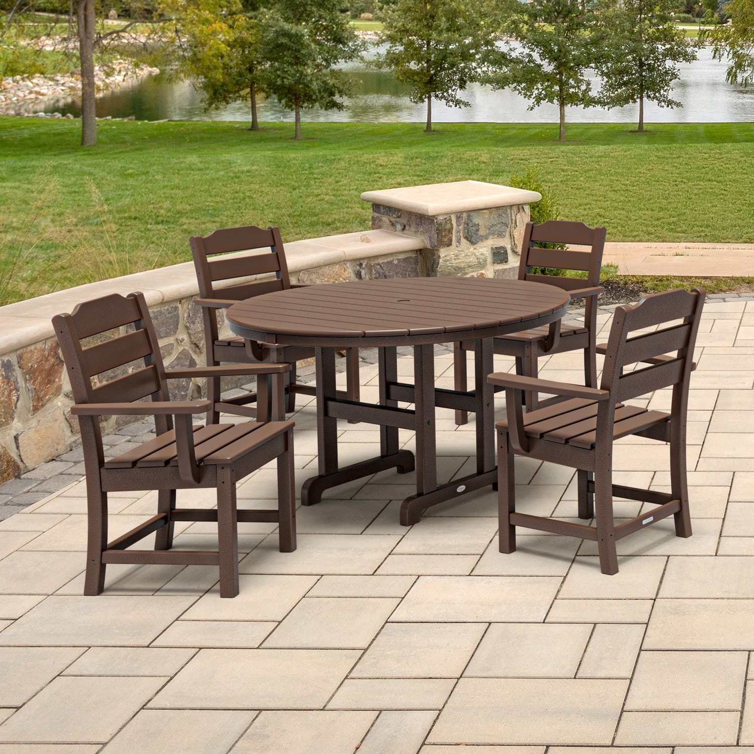 allen + roth by POLYWOOD PWS730-1-MA Oakport 5 -Piece Mahogany Patio Dining Set Plastic Round Table with 4 Stationary Chairs