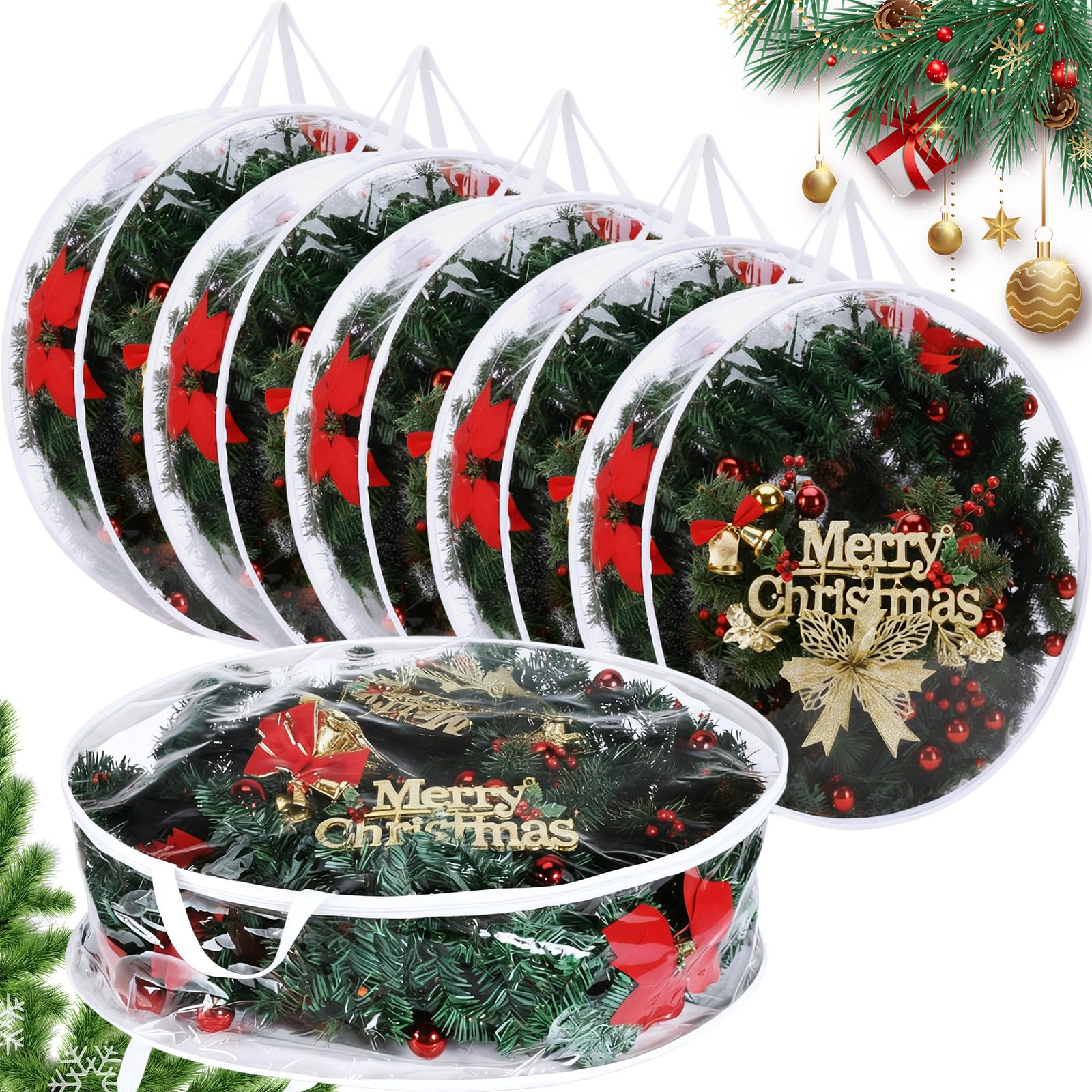 KIWDZFU  6 pcs Christmas Wreath Storage Bags 30 Inch Clear Plastic Containers with Dual Zippers and Handles for Holiday and Seasonal Wreaths