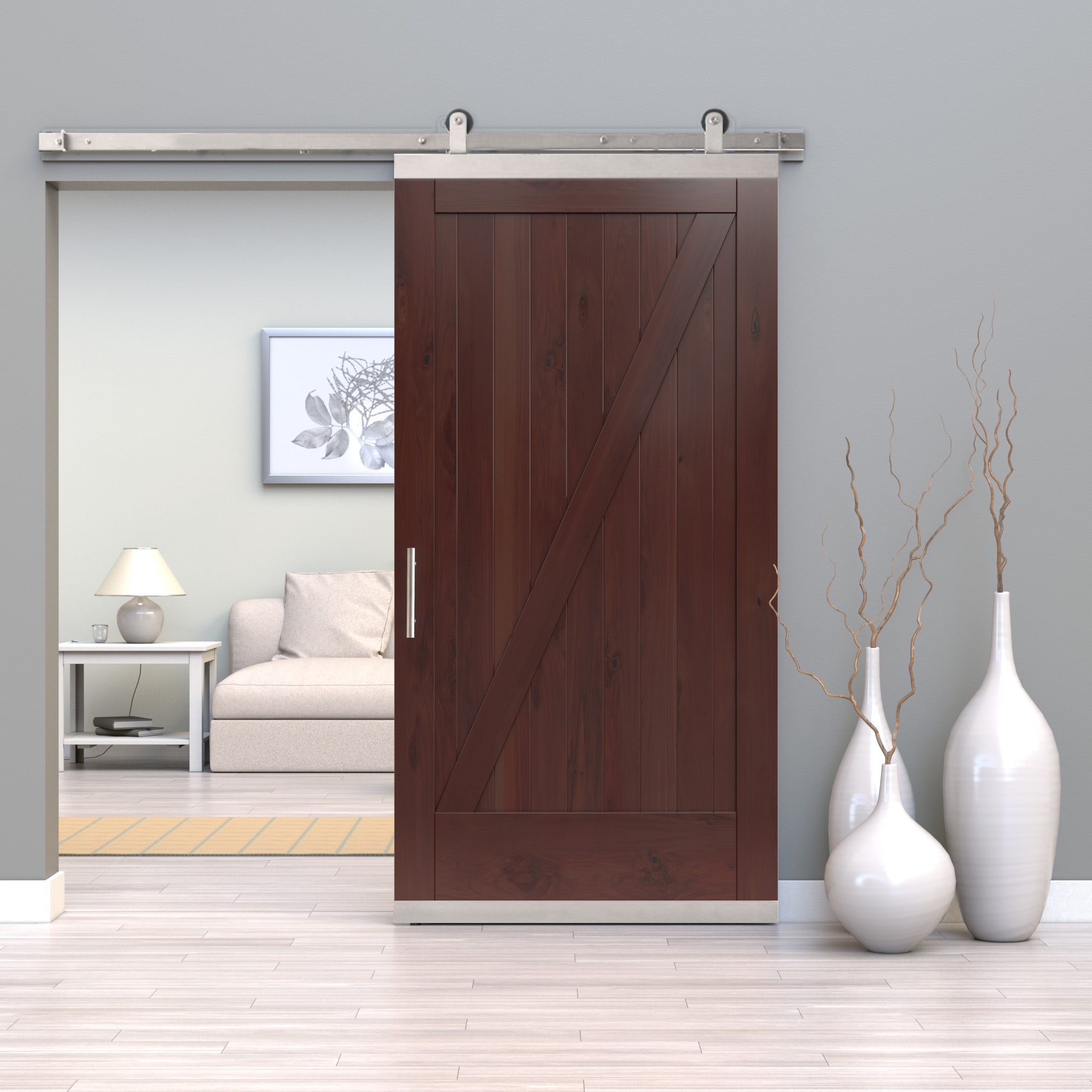 JELD-WEN LOWOLJW248800137 42-in x 80-in Spice Z-frame Walnut Wood Solid core Single Barn Door (Hardware Included)