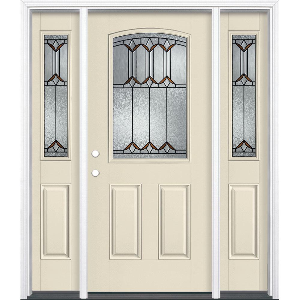 Masonite 897860 Park Hill 64-in x 80-in Fiberglass Half Lite Right-Hand Inswing Bisque Painted Single Front Door with Sidelights with Brickmould Insulating Core