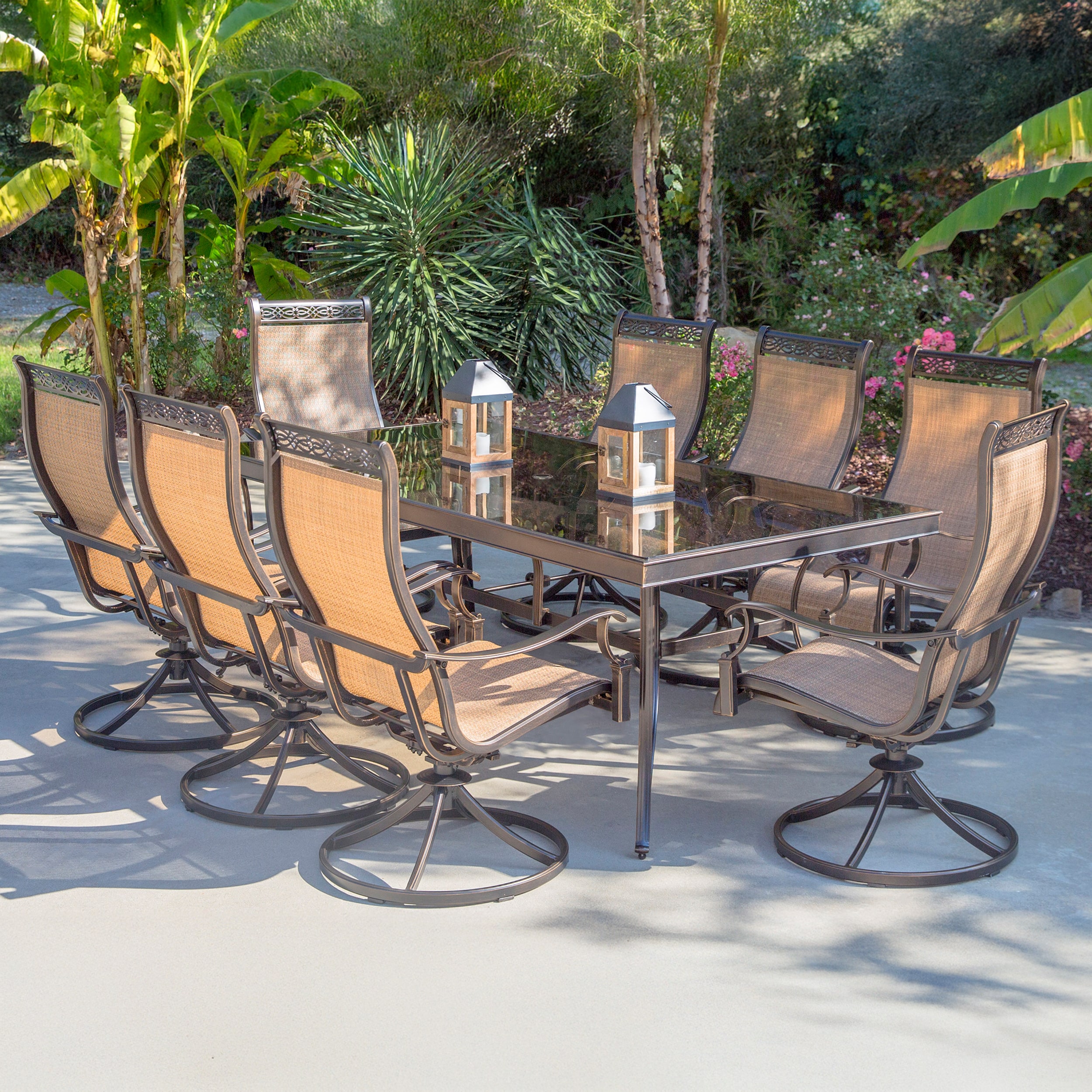 Hanover MONDN9PCSWG Monaco 9 -Piece Bronze Woven Patio Dining Set Aluminum Rectangle Table with 8 Tan Swivel Rocker Chairs