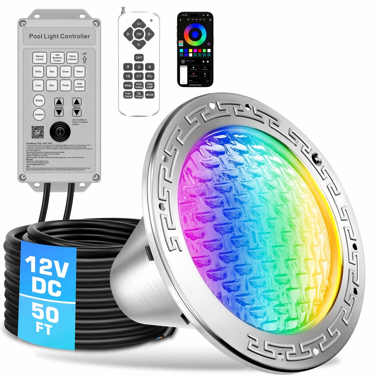 Yichuhaoxi  10 Inch LED Pool Light 35W 12V Color Changing Inground Pool Light with Remote App Control Integrated Controller 50ft Cord Fits