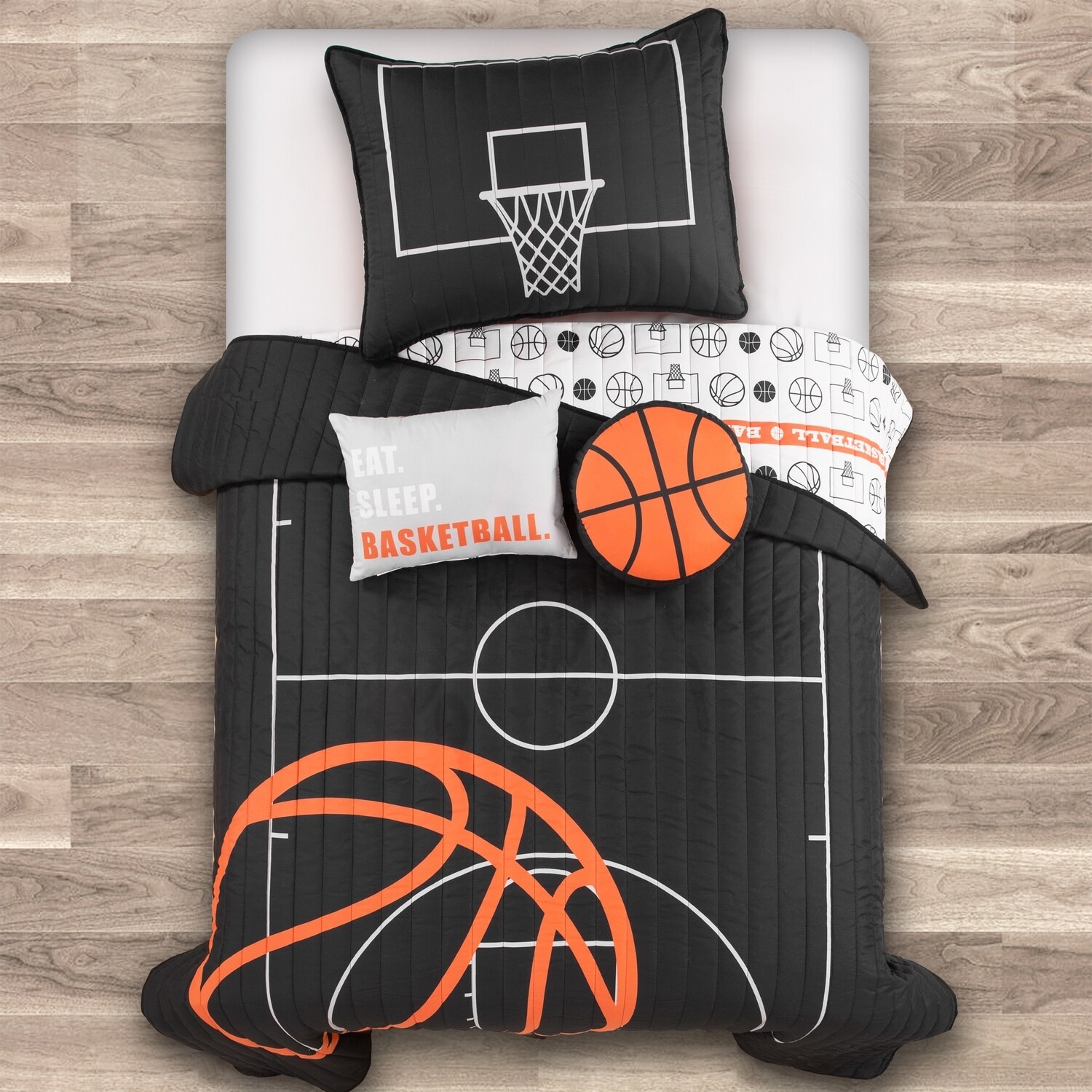 Twin Black and Orange Reversible Microfiber Basketball Quilt Set