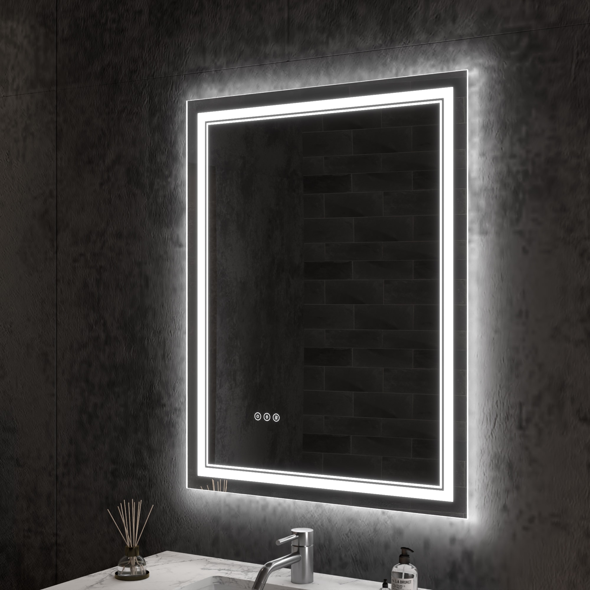 ExBrite FXBM3026FB NOIR 28-in x 36-in Polished Frameless Rectangle Dimmable Lighted Fog Free Bathroom Vanity Mirror ( WHITE )